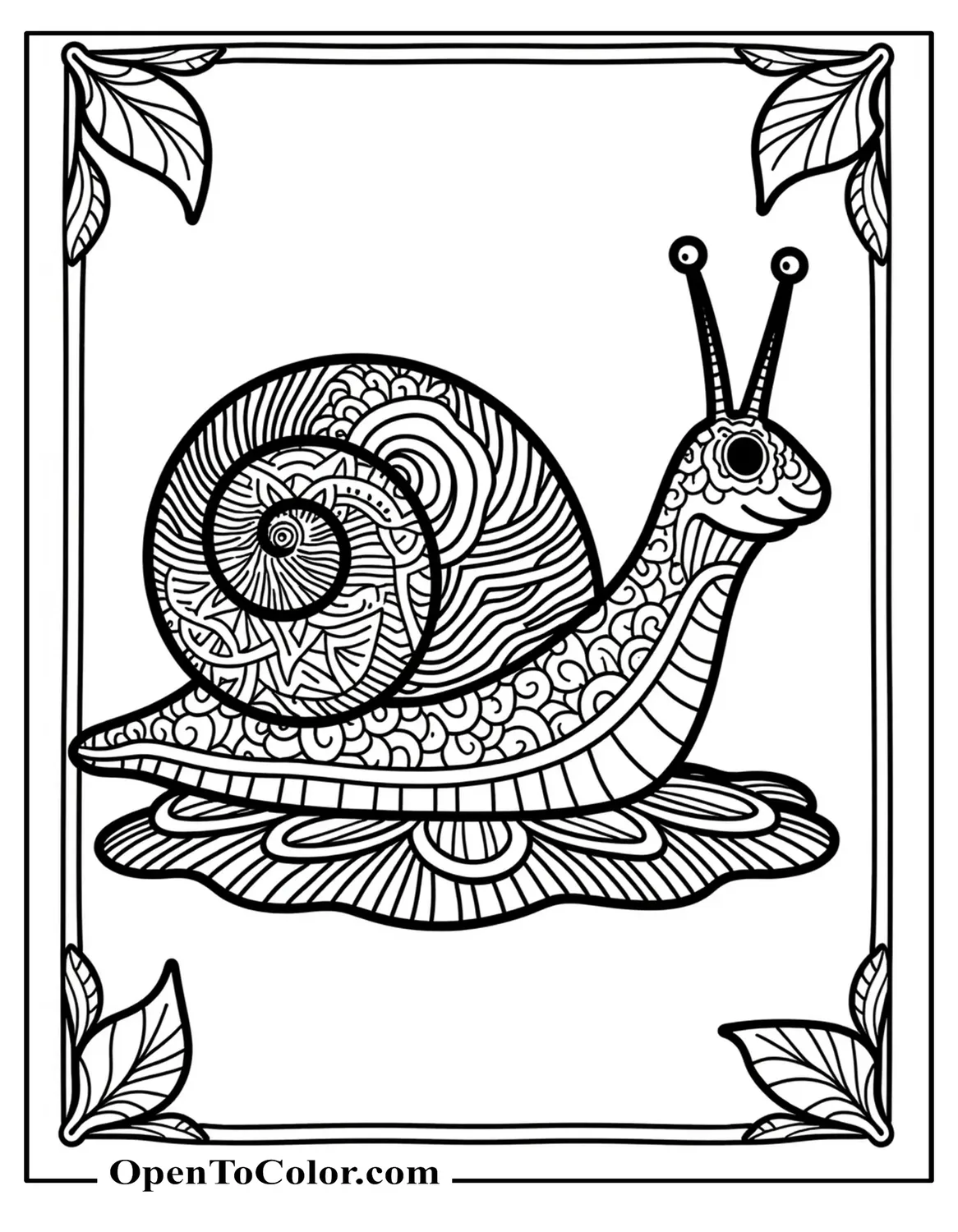 Snail filled with intricate Zentangle patterns with a leafy border, coloring page PDF.