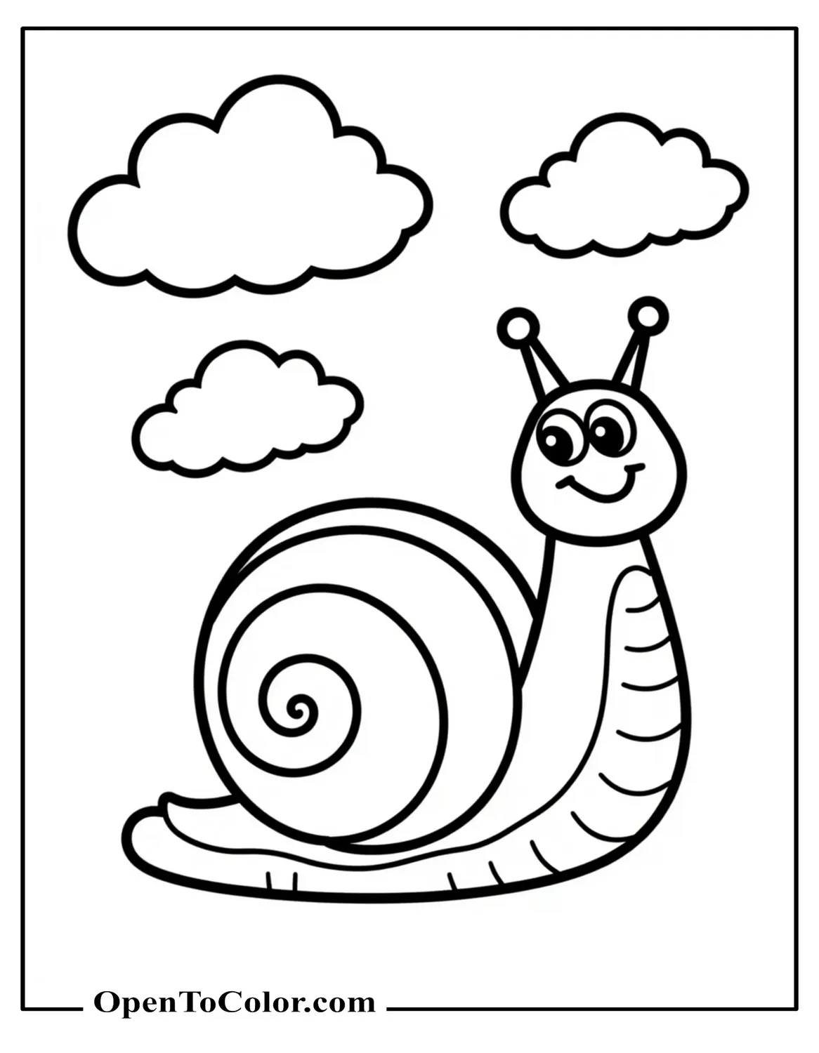 Free Coloring Page of Snail with Friendly Eyes under Three Simple Clouds for Preschool