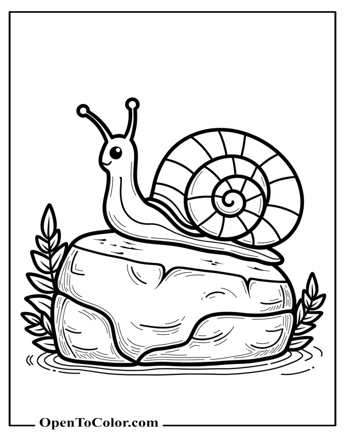 Free Coloring Page of Snail Climbing a Smooth Rock with Small Fern Leaves Around