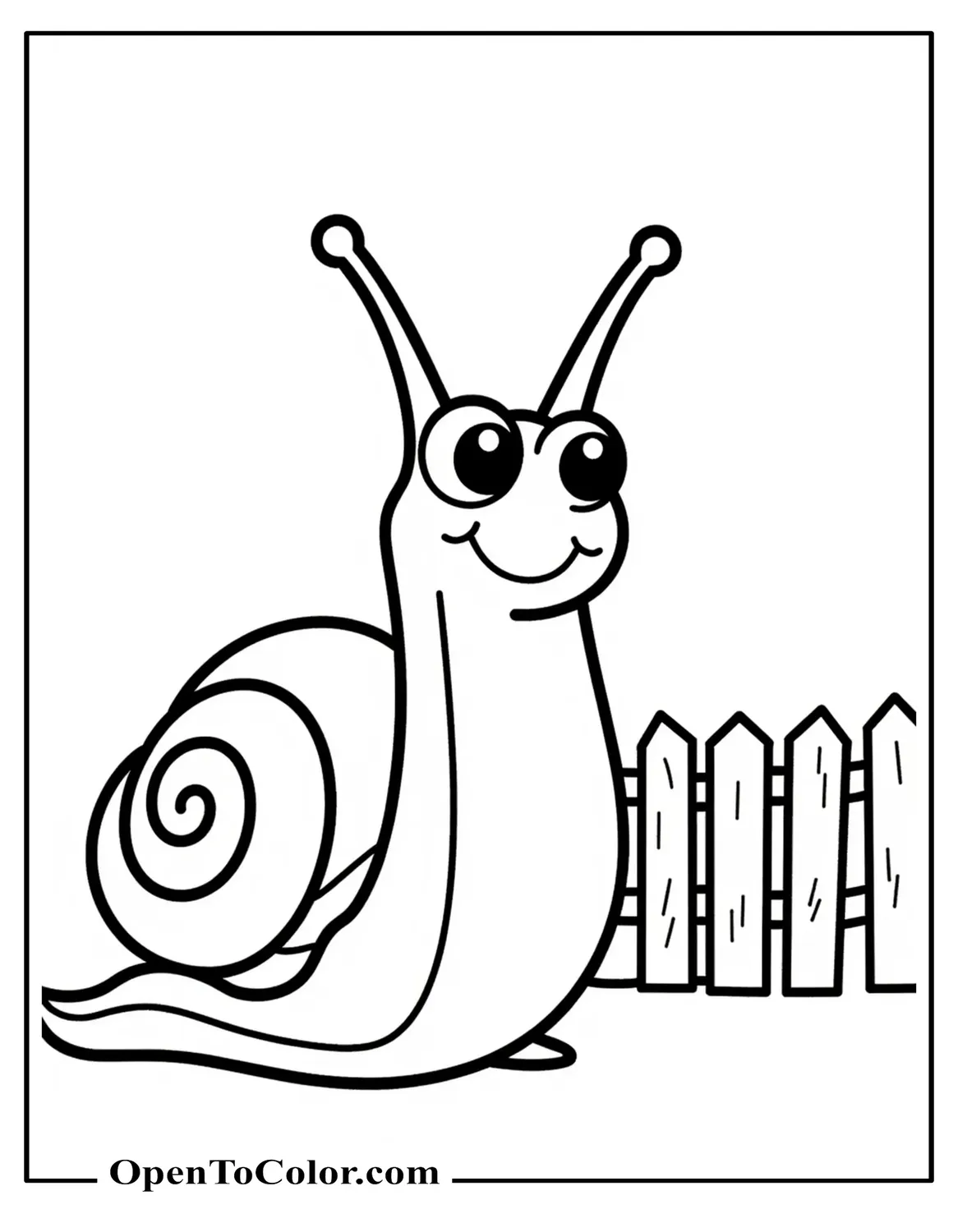 Snail front view raising eye stalks with a tiny fence behind, printable coloring sheet.