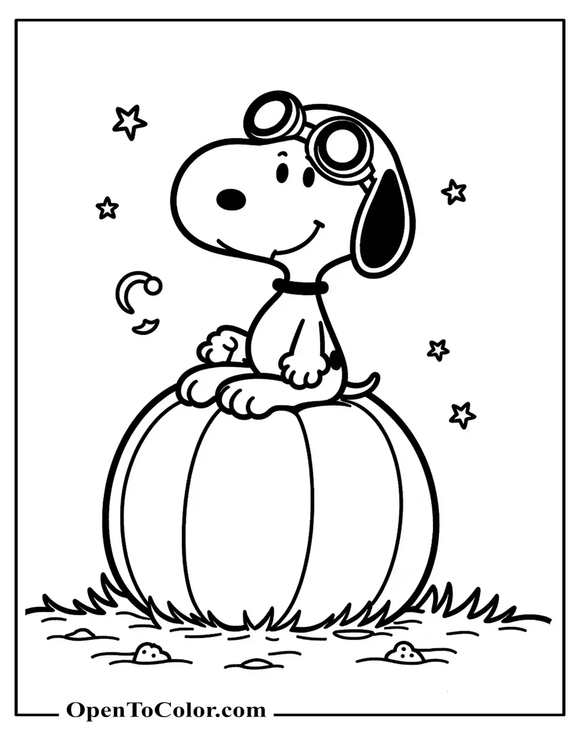 Free Coloring Sheet of Snoopy Sitting on a Pumpkin Wearing Pilot Goggles, Small Moon and Stars