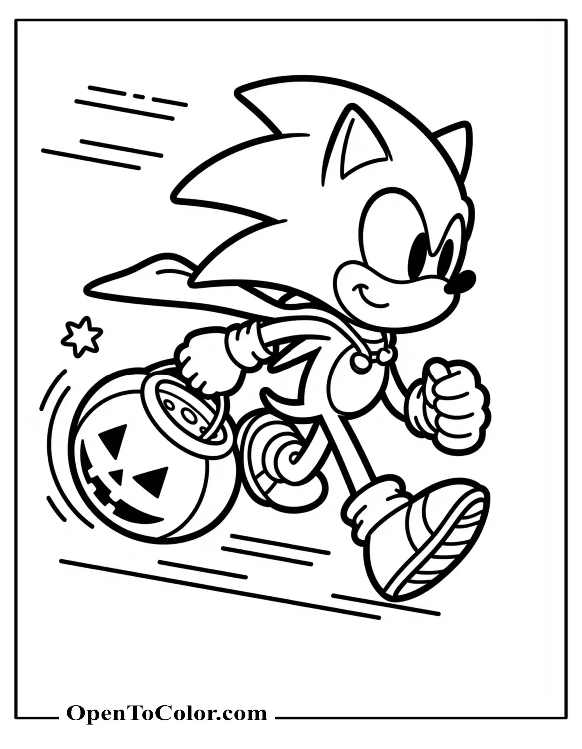 Sonic wearing a cape running with a candy tote, motion lines and stars, printable coloring sheet.