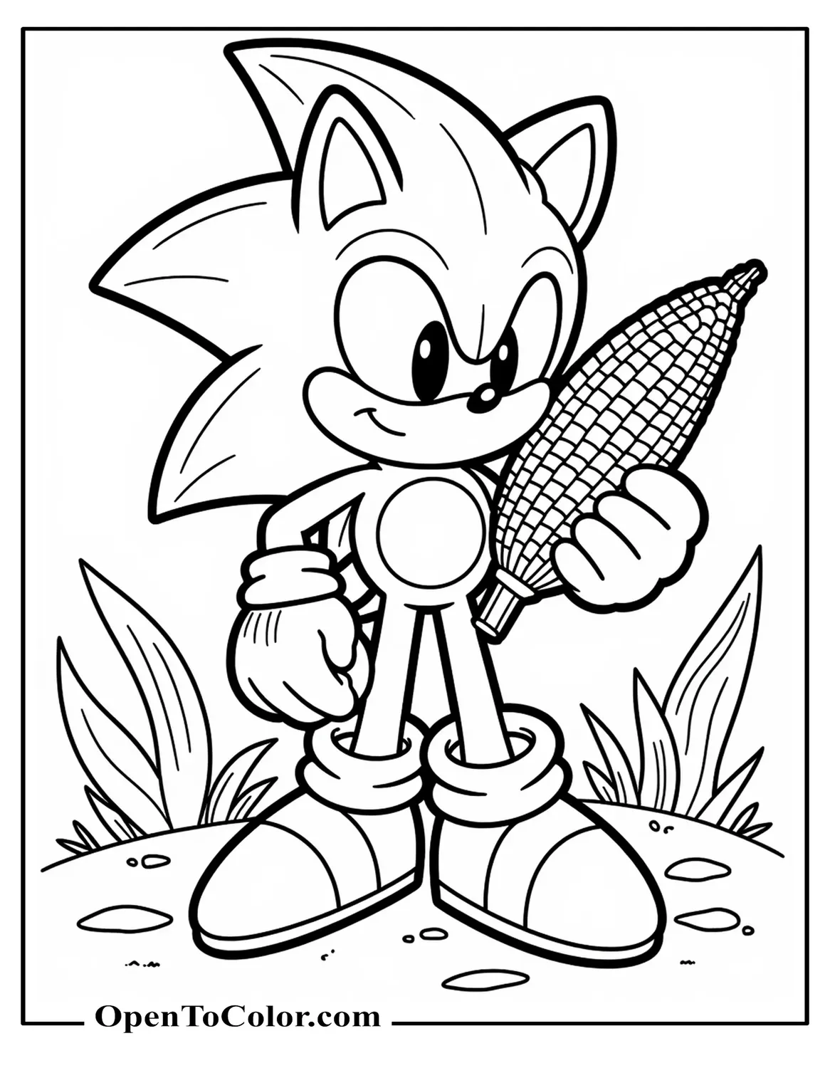 Free Coloring Sheet of Sonic Holding a Cob of Corn with Wind Streaks and Leaves Swirling