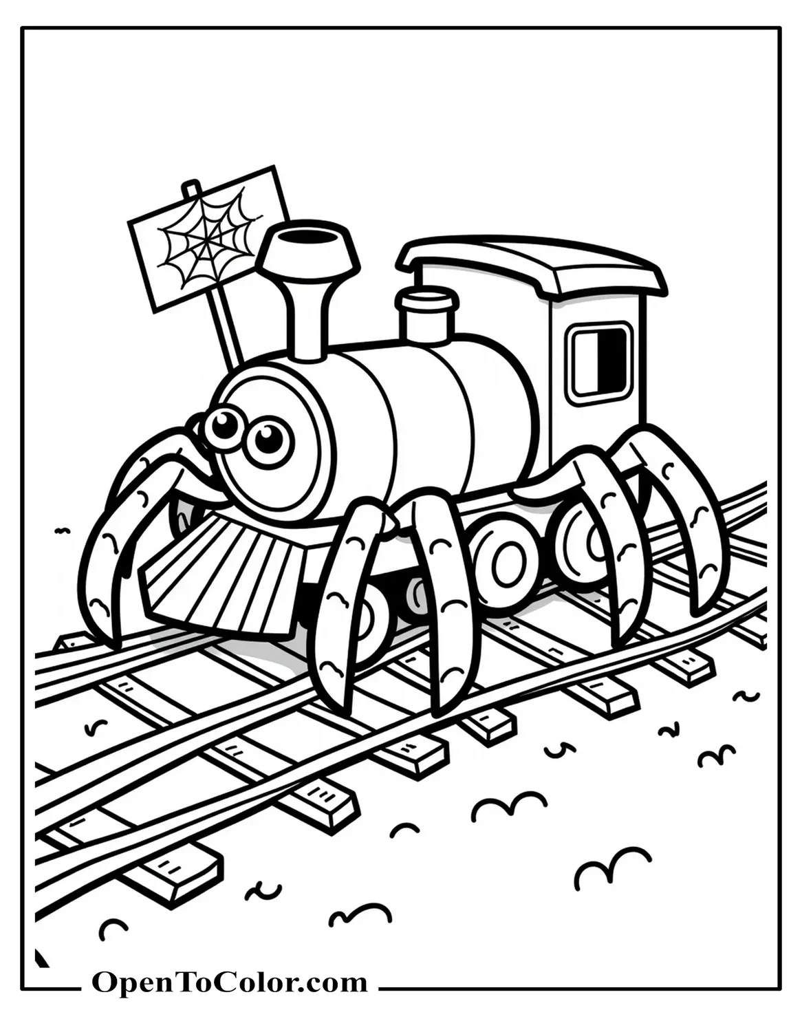 Coloring Sheet PDF of Cartoon Train Body With Eight Spider Legs Crawling Along Tracks With a Web Sign