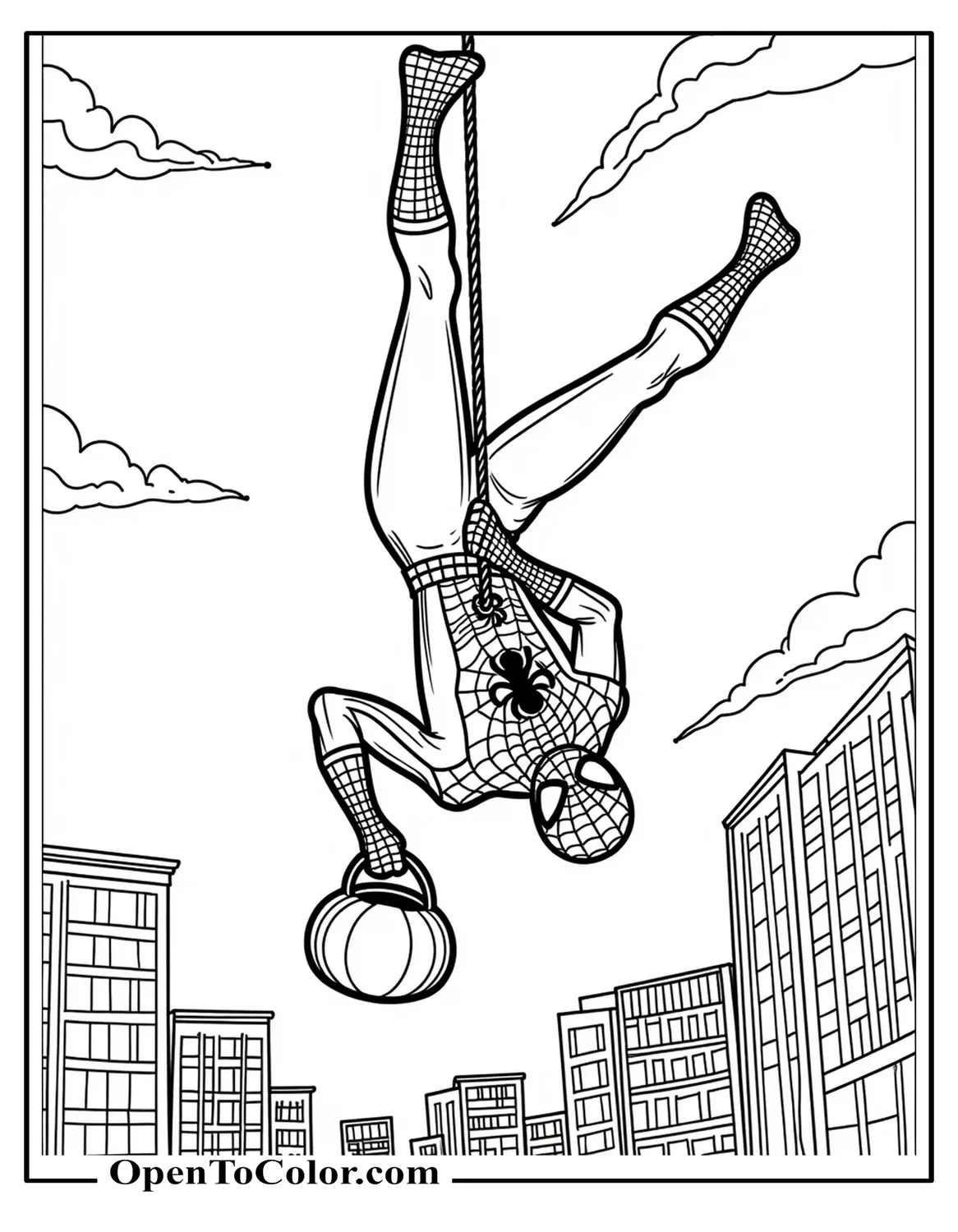Spider-Man Hanging Upside Down From A Web Holding A Treat Bucket, Comic-Style City Skyline, Coloring Sheet PDF