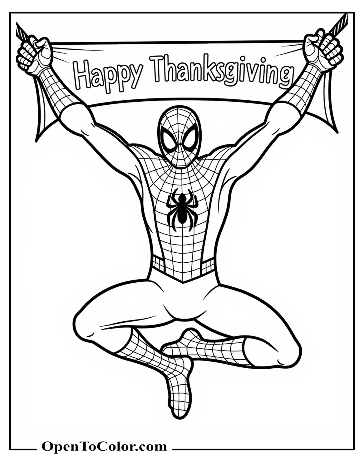Spiderman hanging a happy Thanksgiving banner from two corners coloring sheet PDF