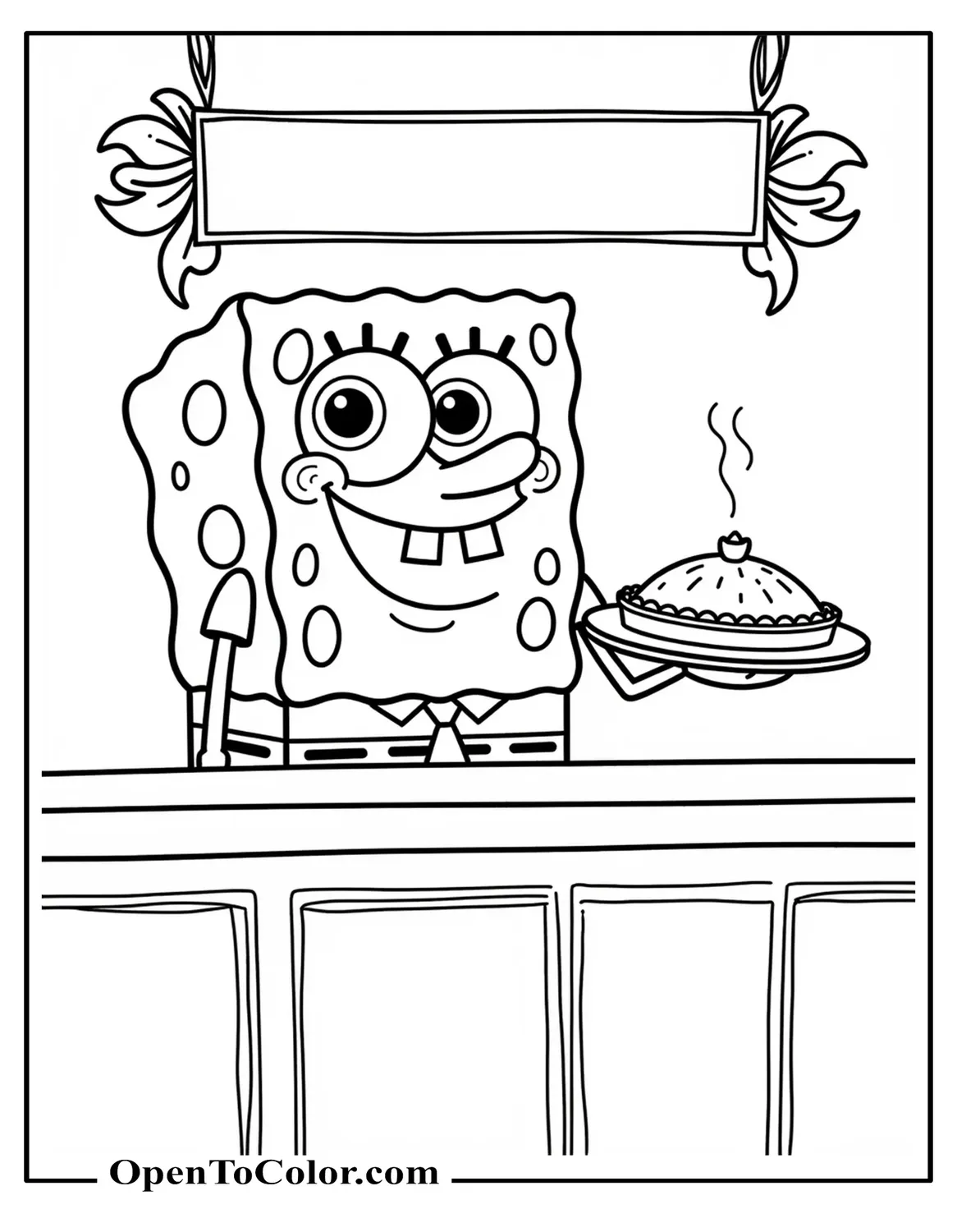 Spongebob serving a pie at a counter with a leaf banner above, coloring sheet PDF.