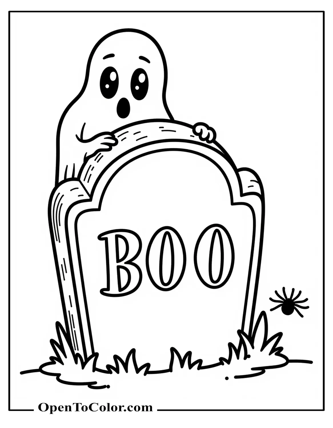 Ghost Peeking From Behind A Gravestone With Boo In Clean Empty Letters, Tiny Spiderweb Corner, Coloring Page PDF