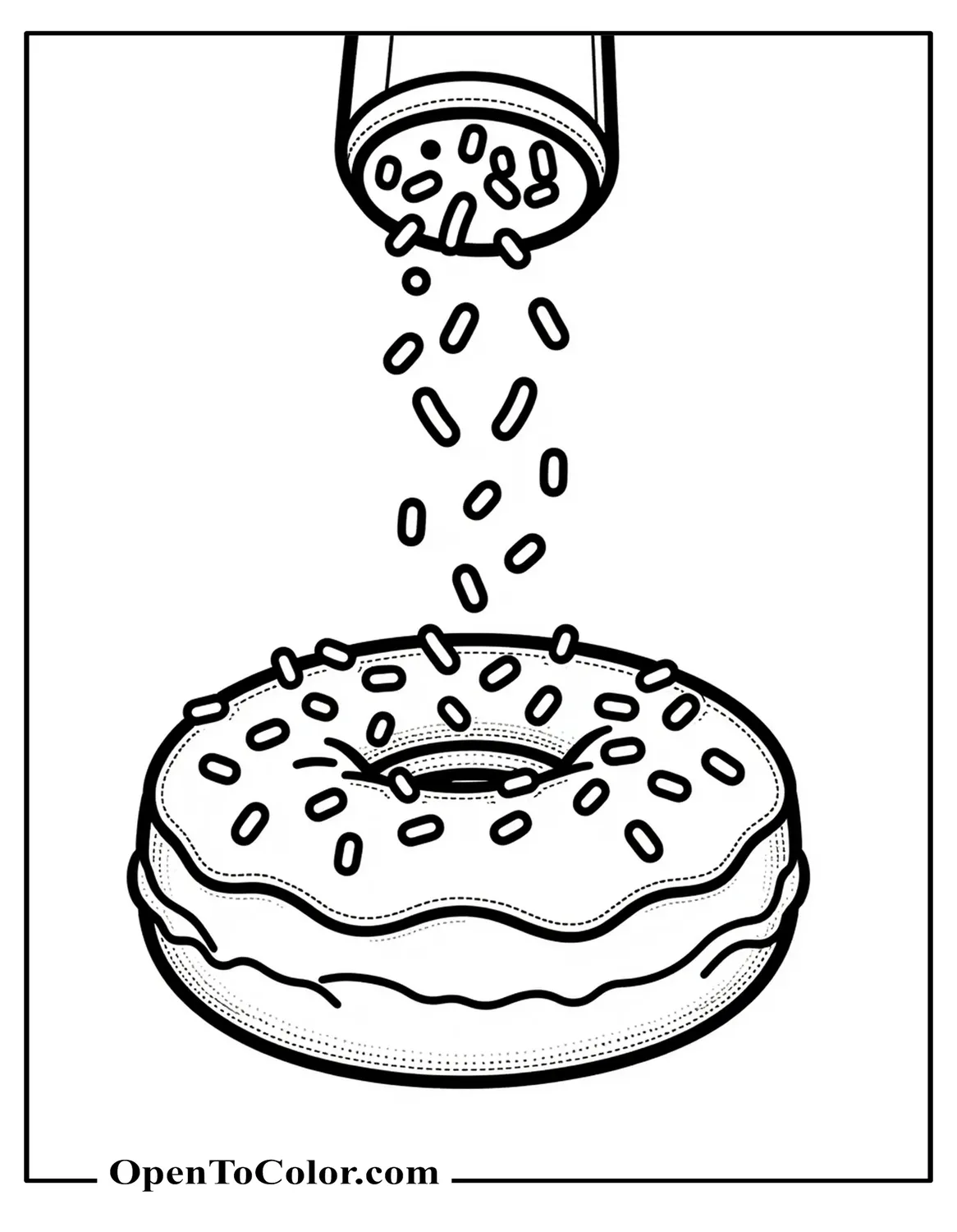Free Coloring Sheet of Donut With Thick Icing Sprinkles Falling From a Shaker Above a Few Sprinkles Mid-Air
