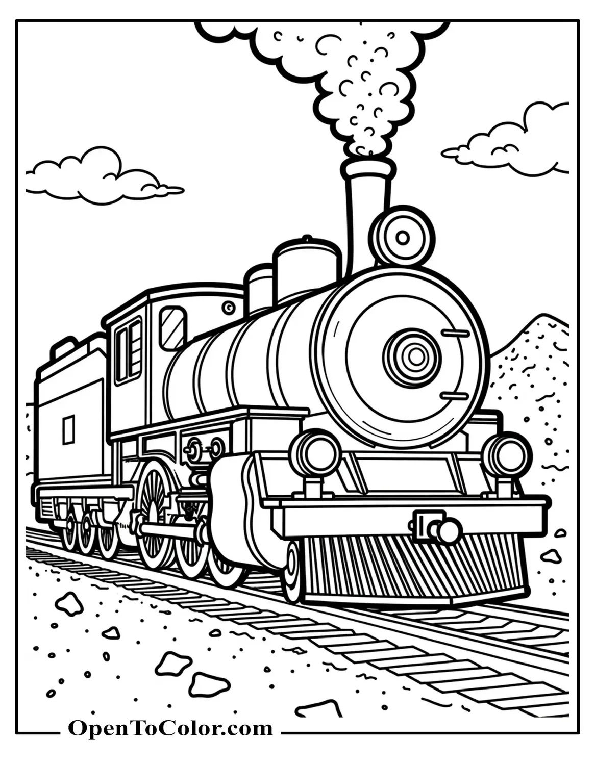 Front-facing steam engine coloring page taking water from a tall spout beside a printable coal pile