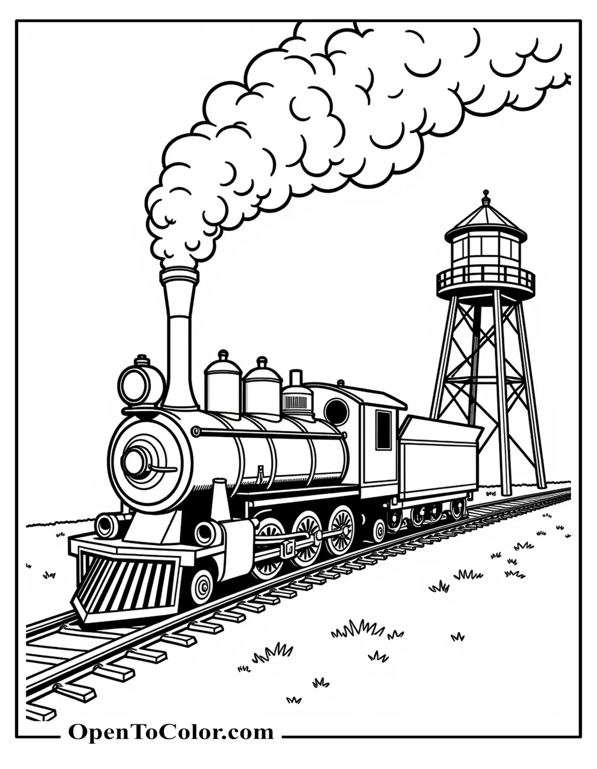 Detailed Side View Printable Steam Engine Coloring Page With Big Wheels And Billowing Smoke At A Water Tower