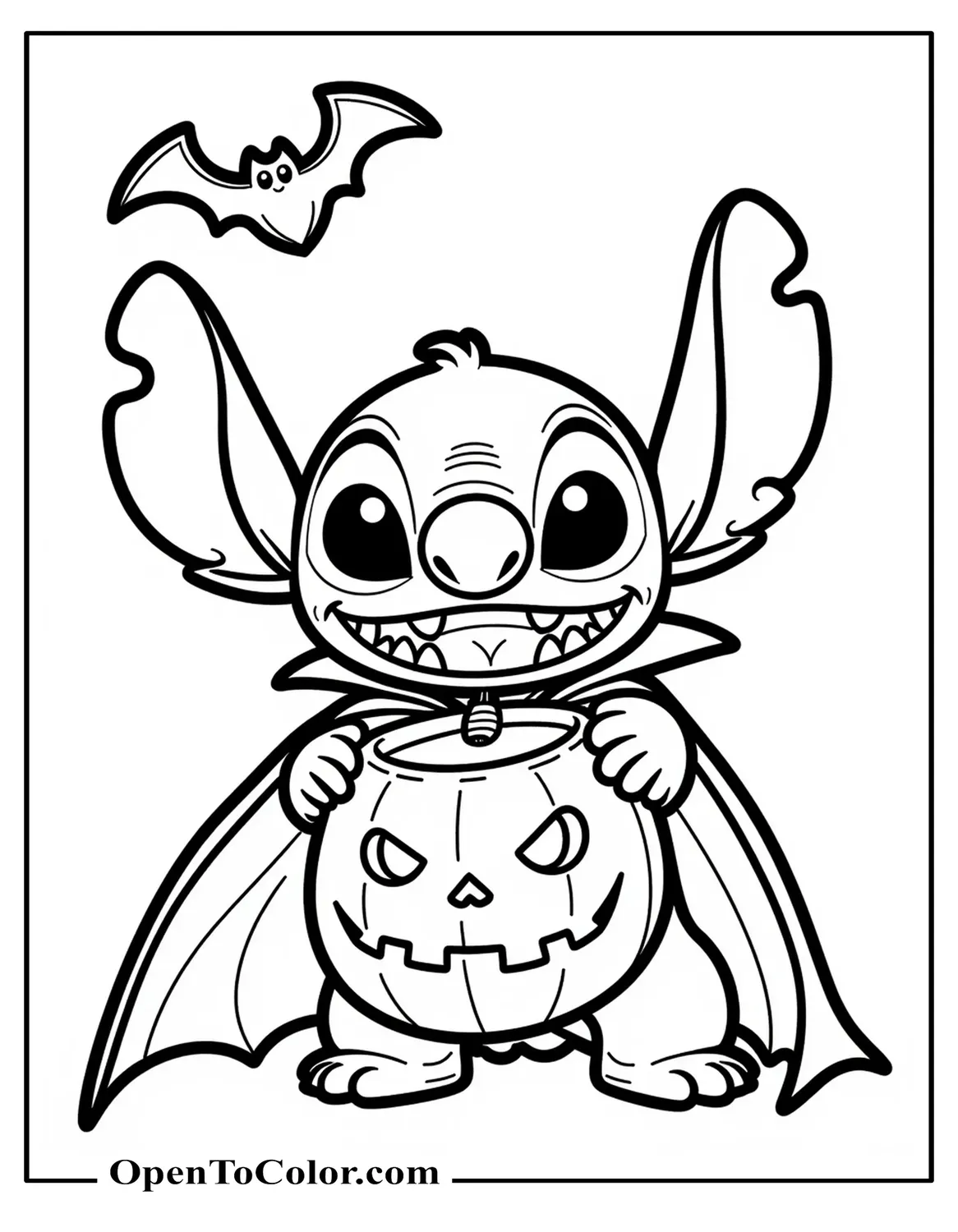 Free Coloring Sheet: Stitch in a Vampire Cape Holding a Trick-Or-Treat Bag, Small Bat Overhead