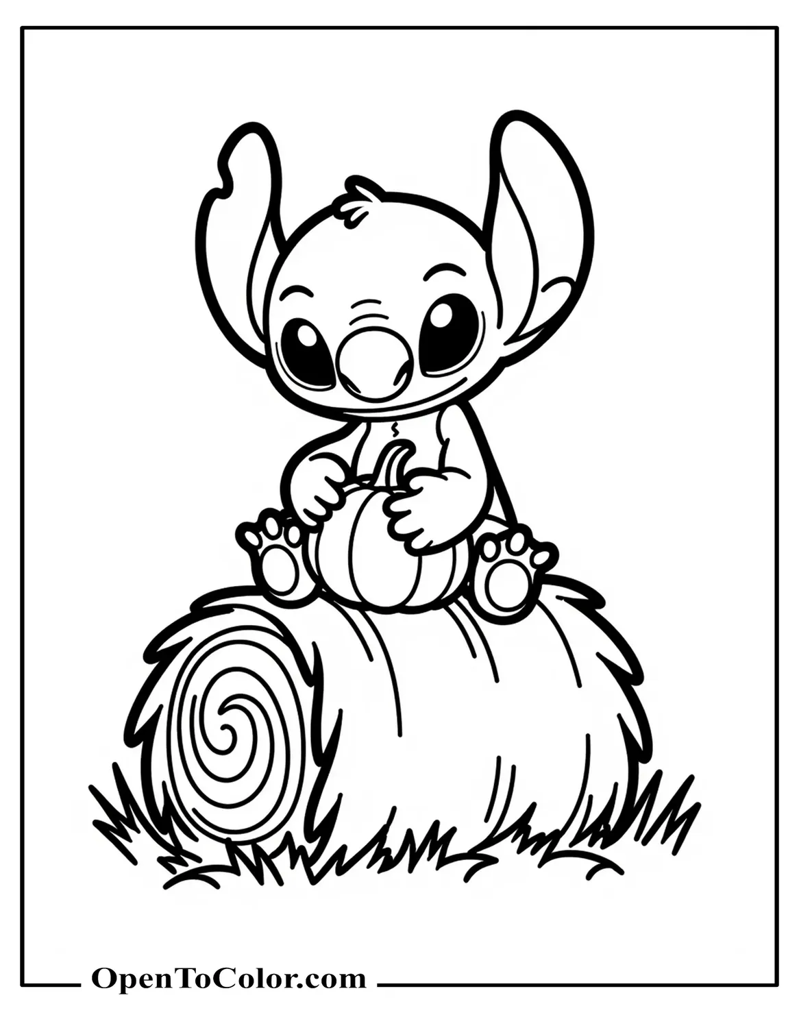 Free Coloring Sheet of Stitch Holding a Tiny Pumpkin While Sitting on a Hay Bale