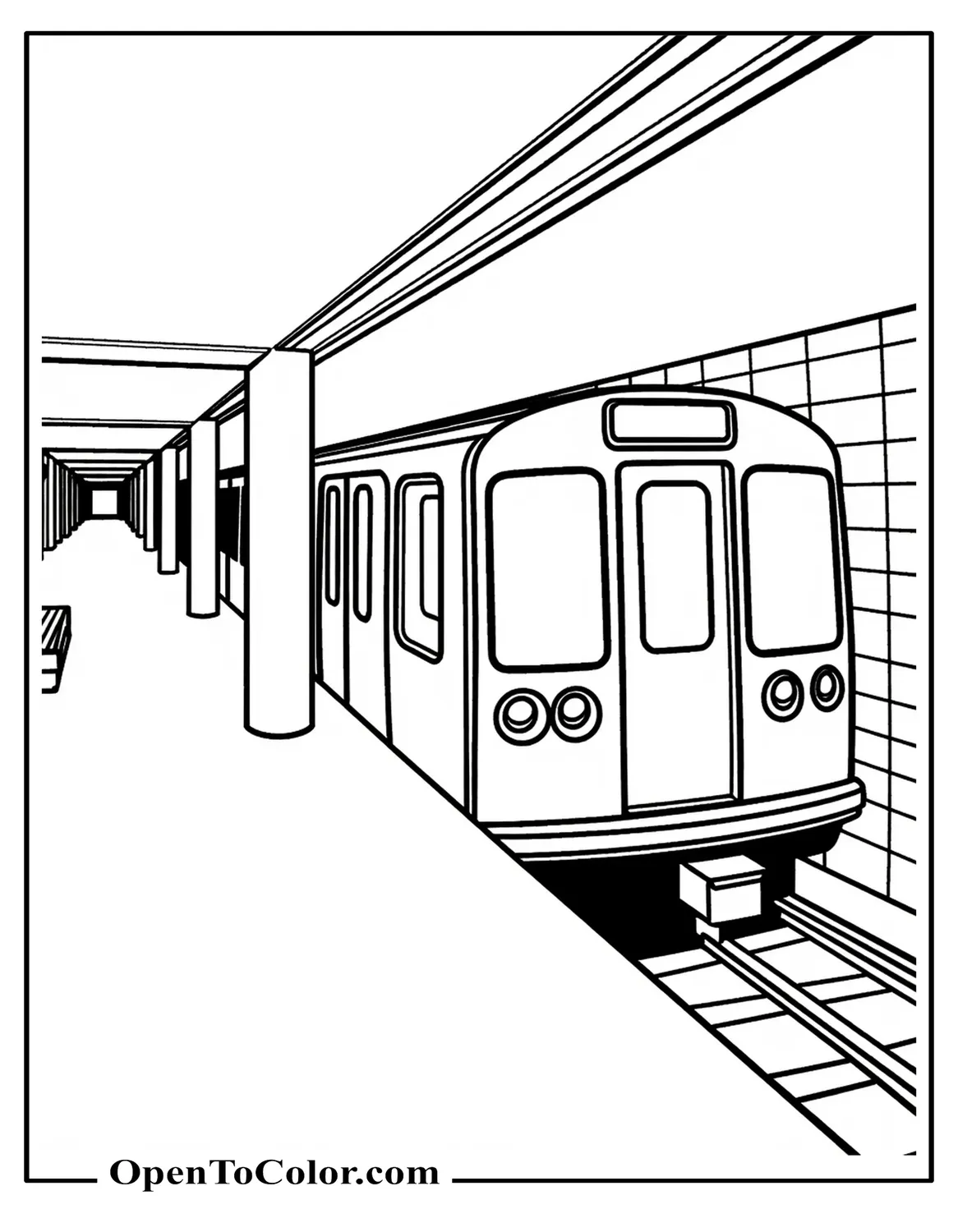 Printable coloring sheet of a subway car at underground platform with pillars, bench, and tiled wall.