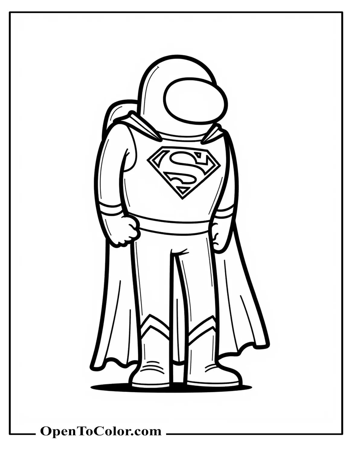 Among Us-style crewmate dressed as Superman with cape and chest emblem, printable coloring page.