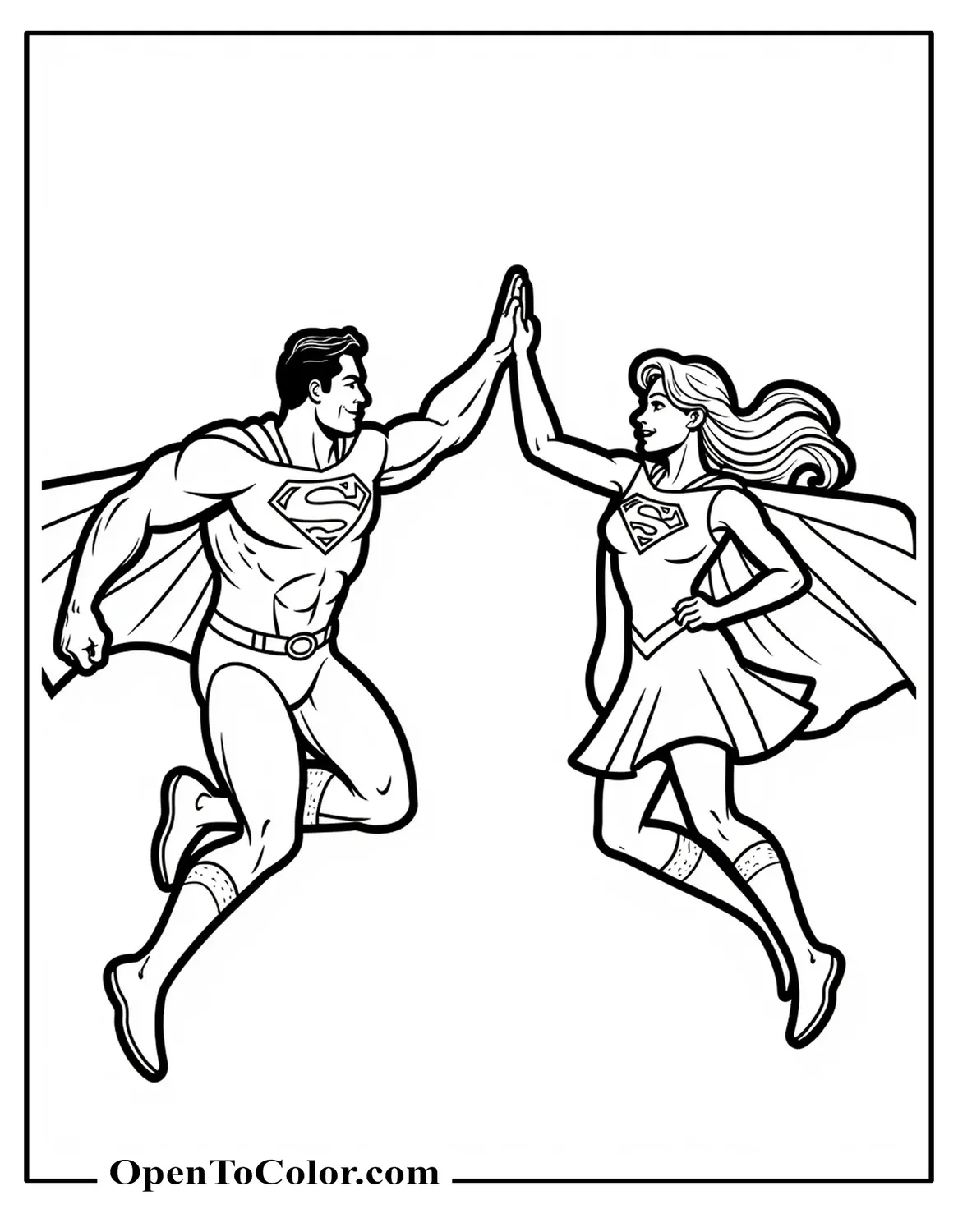 Superman and Supergirl high-five in mid-air coloring page, printable.