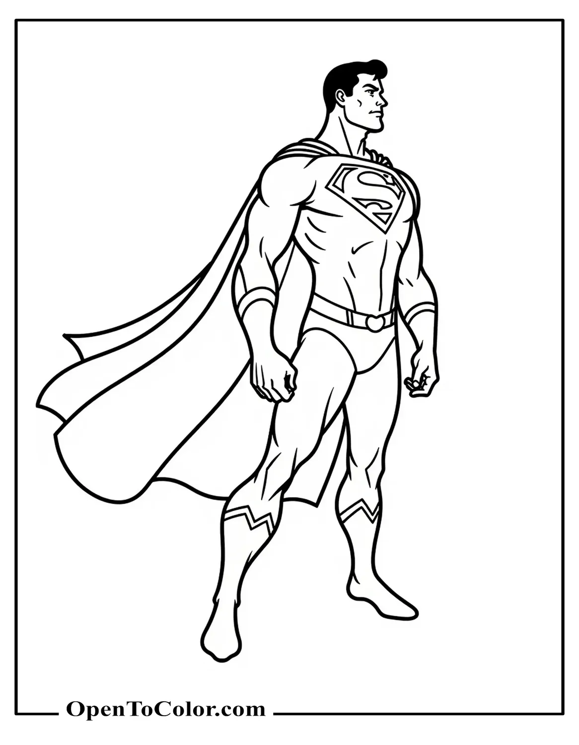 Side view of Superman standing still with cape billowing dramatically, coloring sheet PDF.