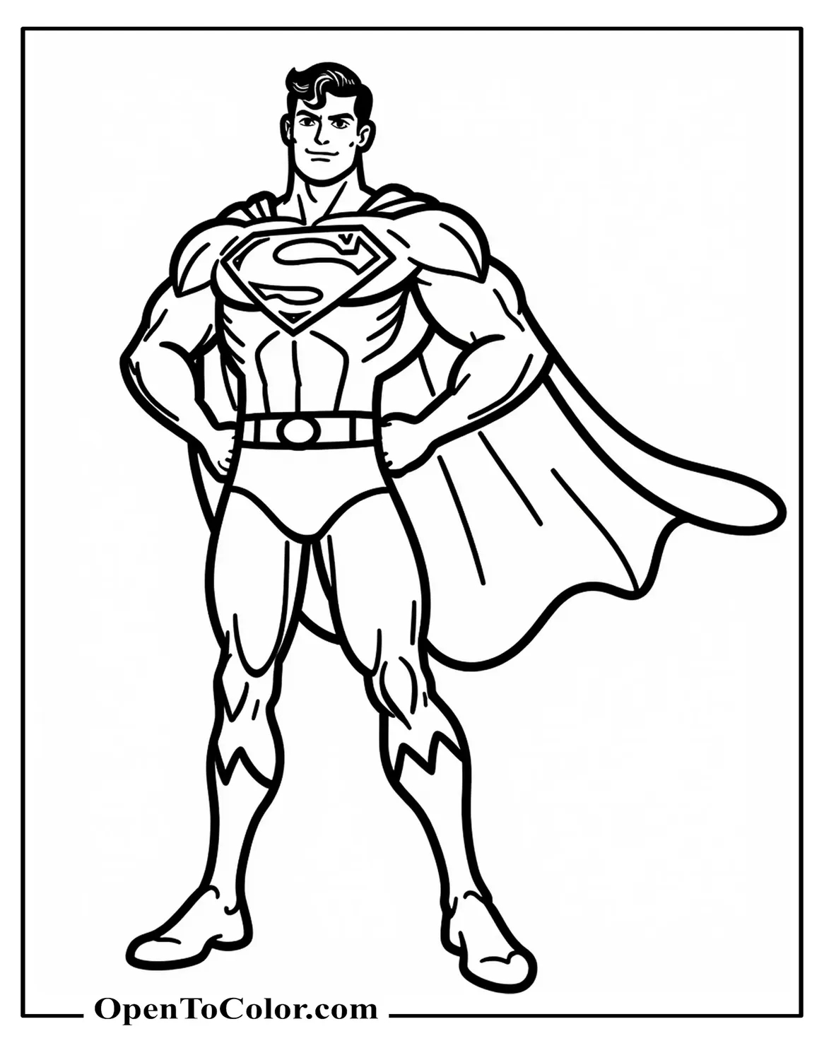 Superman Standing Heroic With Friendly Smile And Cape Gently Flowing Coloring Page PDF