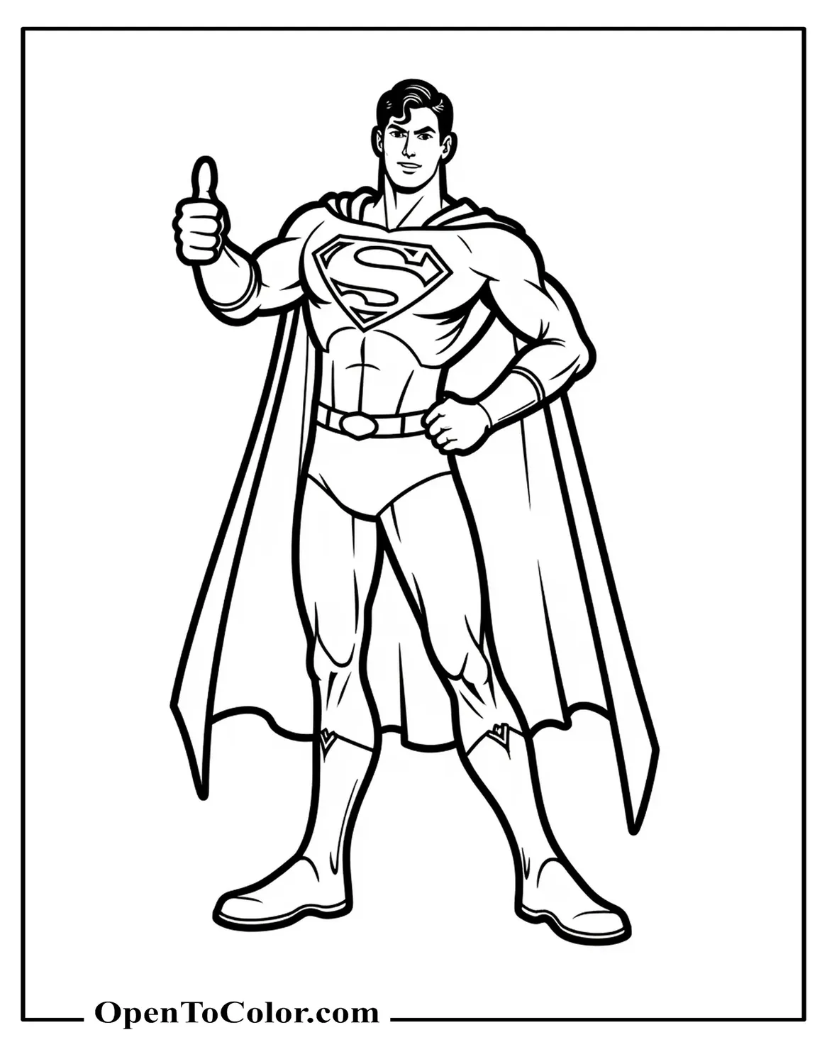 Superman giving a thumbs-up pose with cape draped behind, printable coloring sheet.