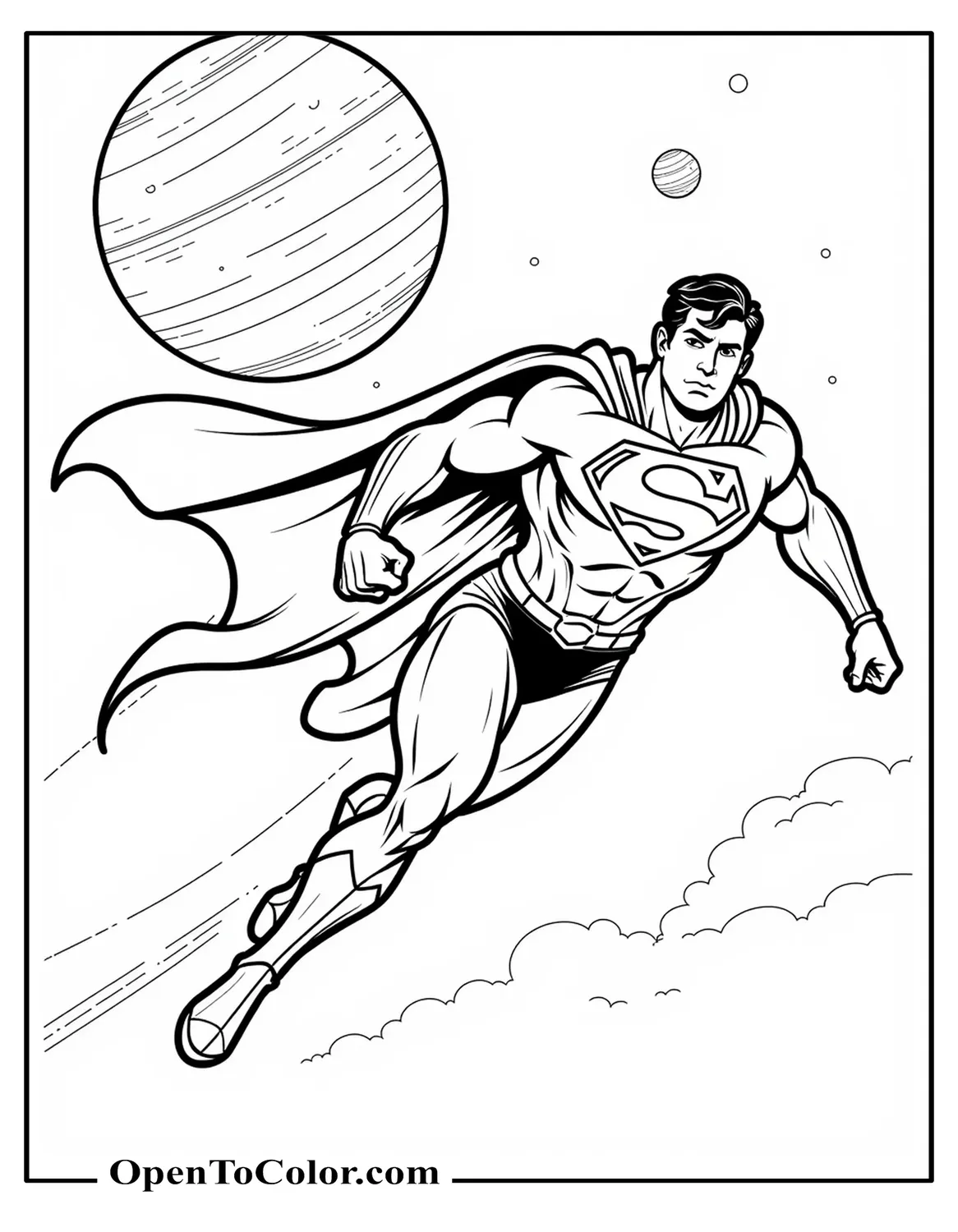Superman flying past a single large planet in space coloring page PDF