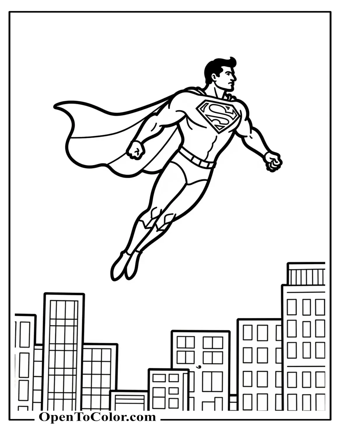 Free Superman Soaring Above a Simple City Skyline Silhouette Coloring Page
