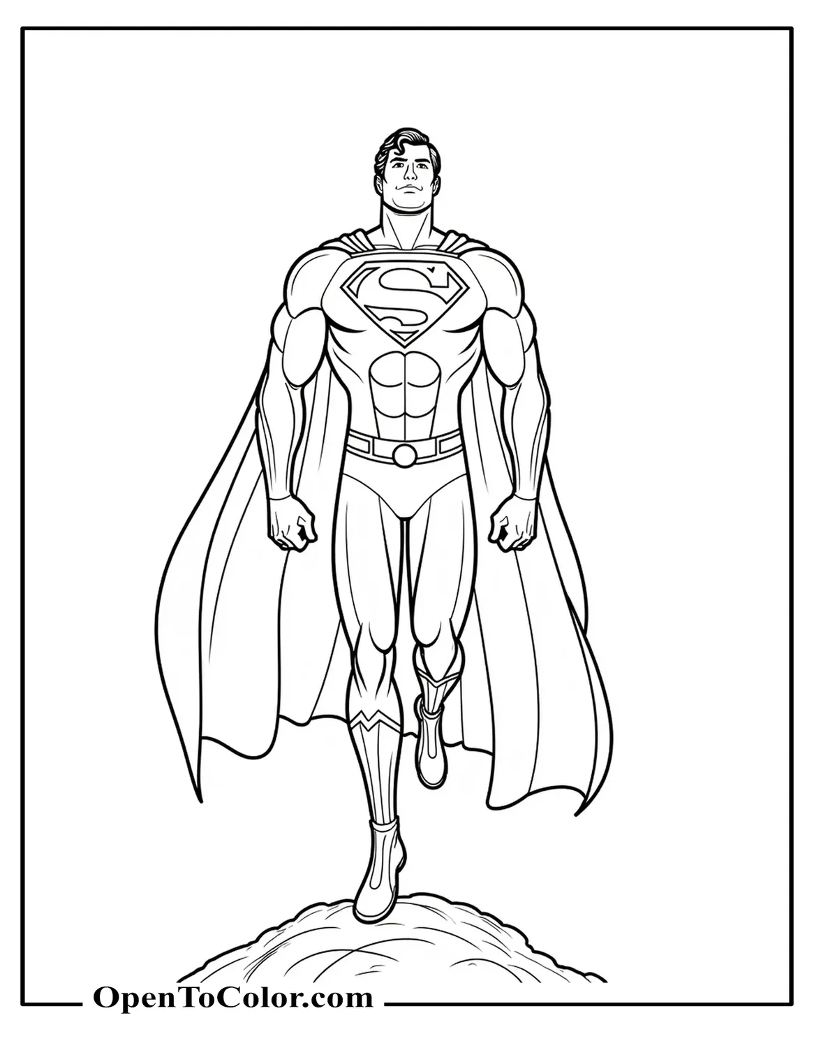 Superman hovering just off the ground with cape hanging straight down, coloring sheet PDF.