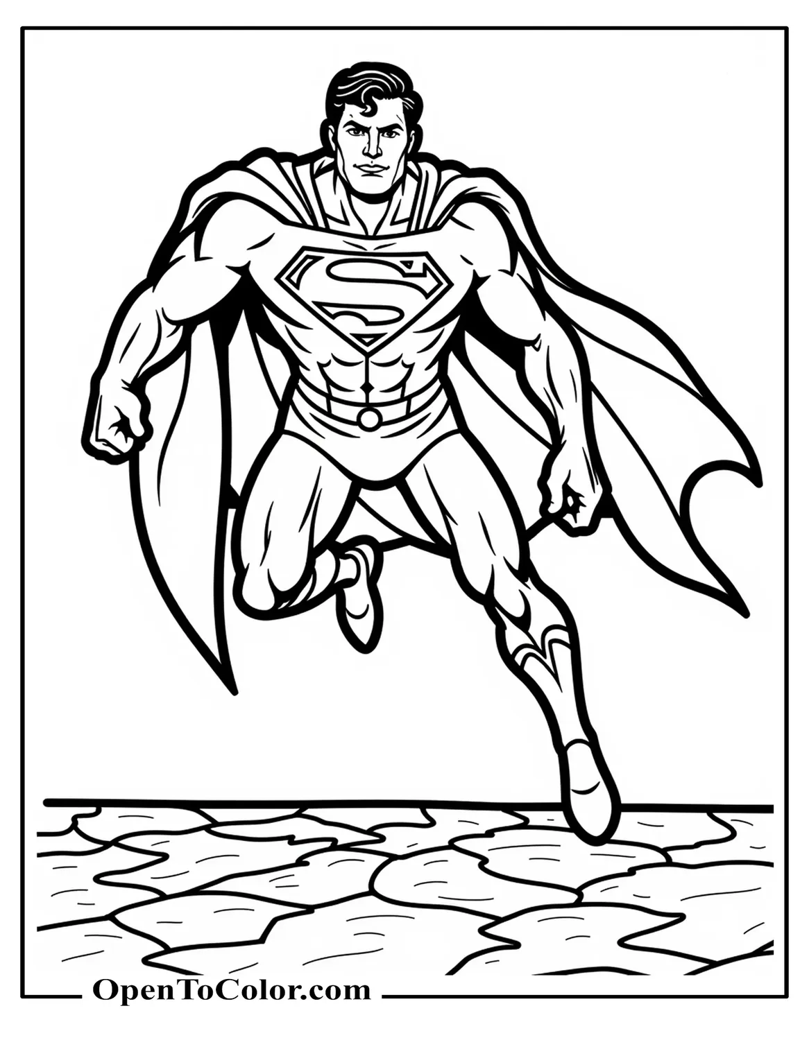 Superman landing in superhero pose with cracked pavement beneath, coloring sheet PDF.