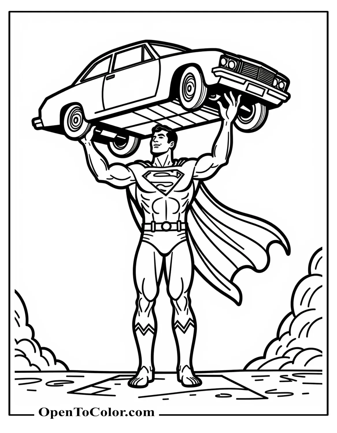 Superman lifting a small car overhead with effortless smile, printable coloring sheet.