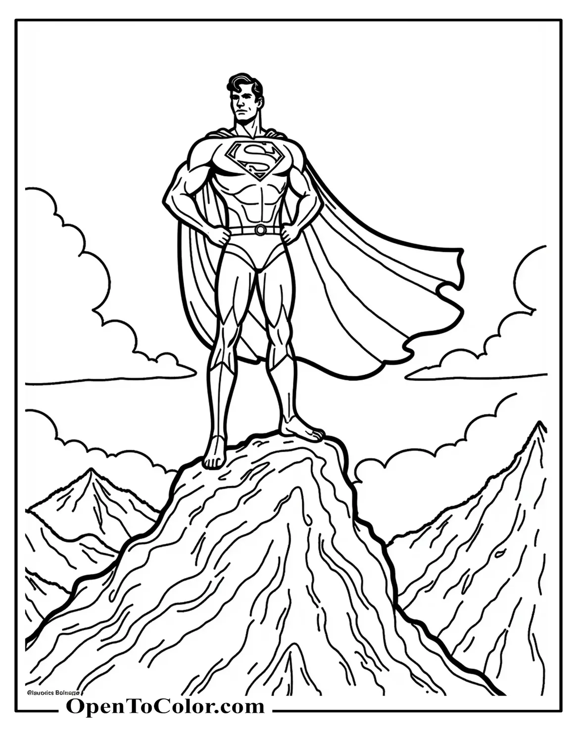 Superman Standing on a Mountain Peak in Classic Hero Pose Coloring Page Printable