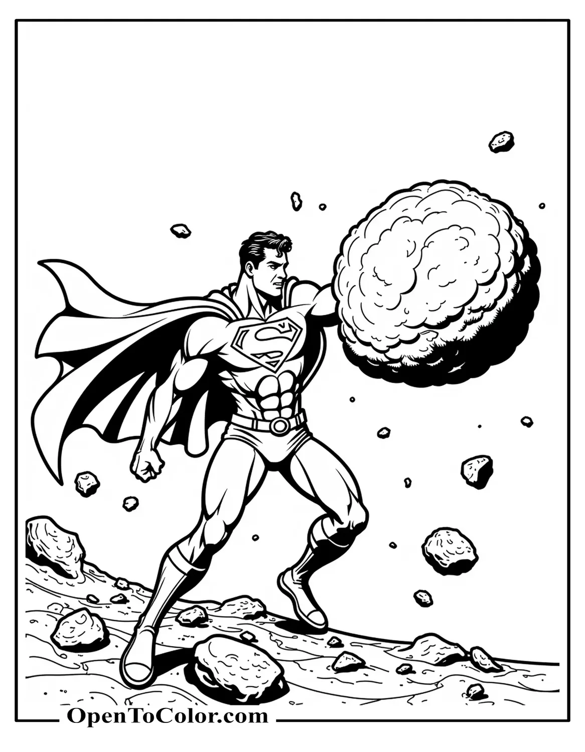 Free Coloring Page of Superman Punching a Large Asteroid Chunk into Pieces