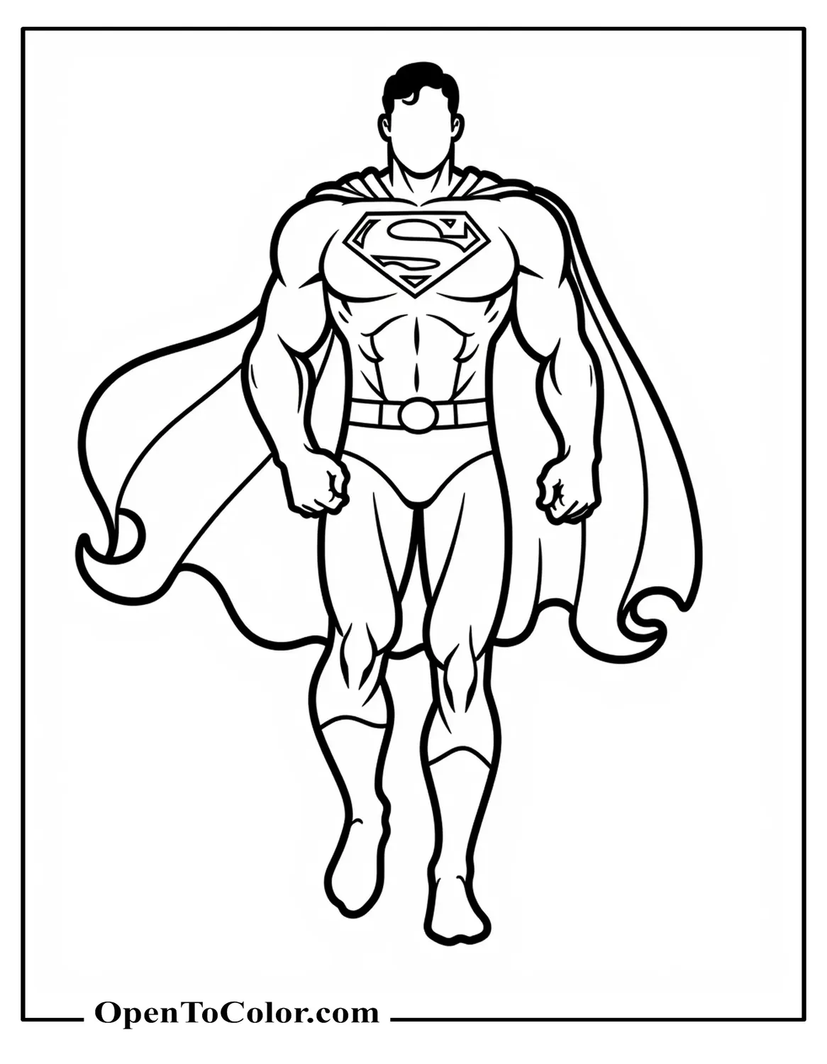 Printable Coloring Sheet of Full-Figure Superman Silhouette with Bold Cape Outline