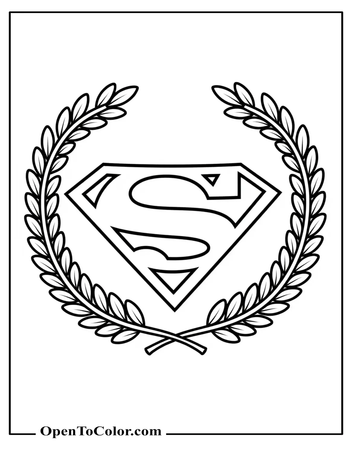 Free Superman chest emblem coloring page framed by simple laurel leaves.