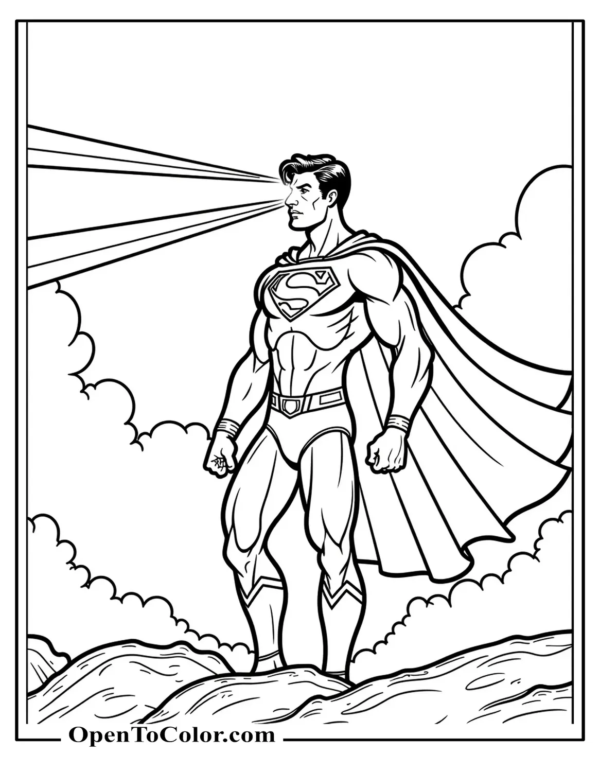 Free Coloring Sheet of Superman Using Heat-Vision Beams From His Eyes Into The Open Sky