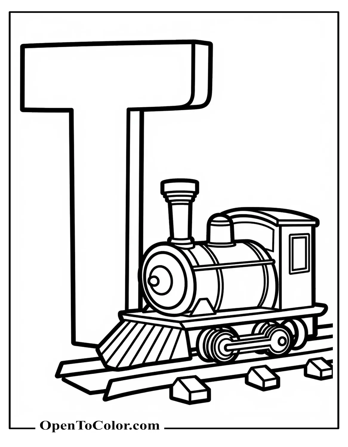 Coloring Sheet PDF Of Large Block Letter T Next To A Small Engine On Rails With A Whistle