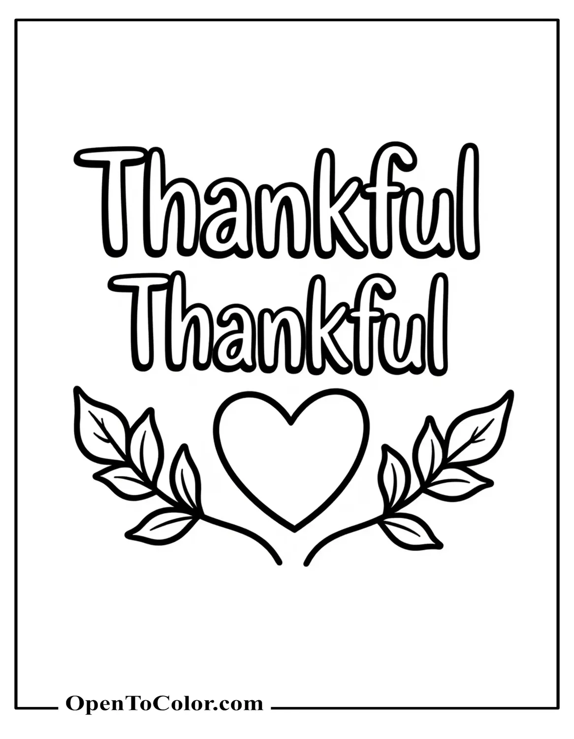 Stacked Word Art Thankful Thankful With A Heart And Two Leaves Printable Coloring Page