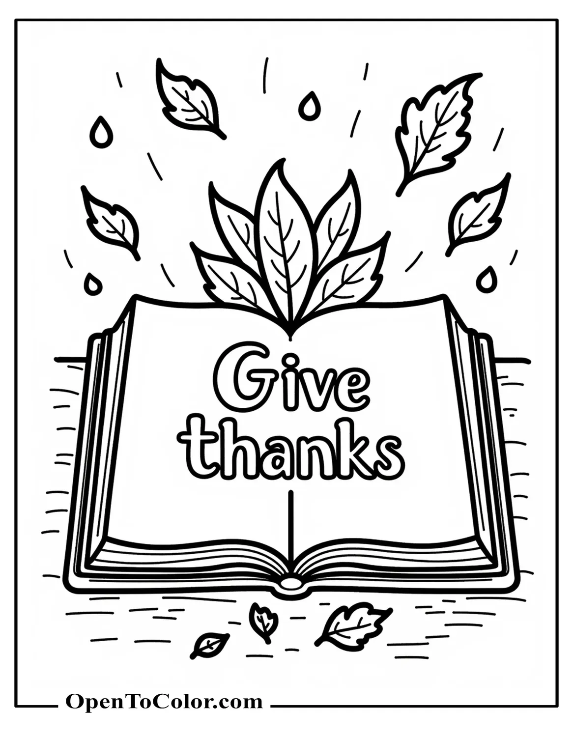 Free Coloring Sheet of Open Bible with Give Thanks Inscription and Falling Leaves