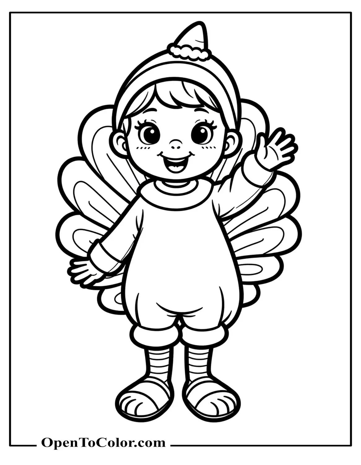 Printable Thanksgiving Character Child in Turkey Costume Waving Coloring Sheet