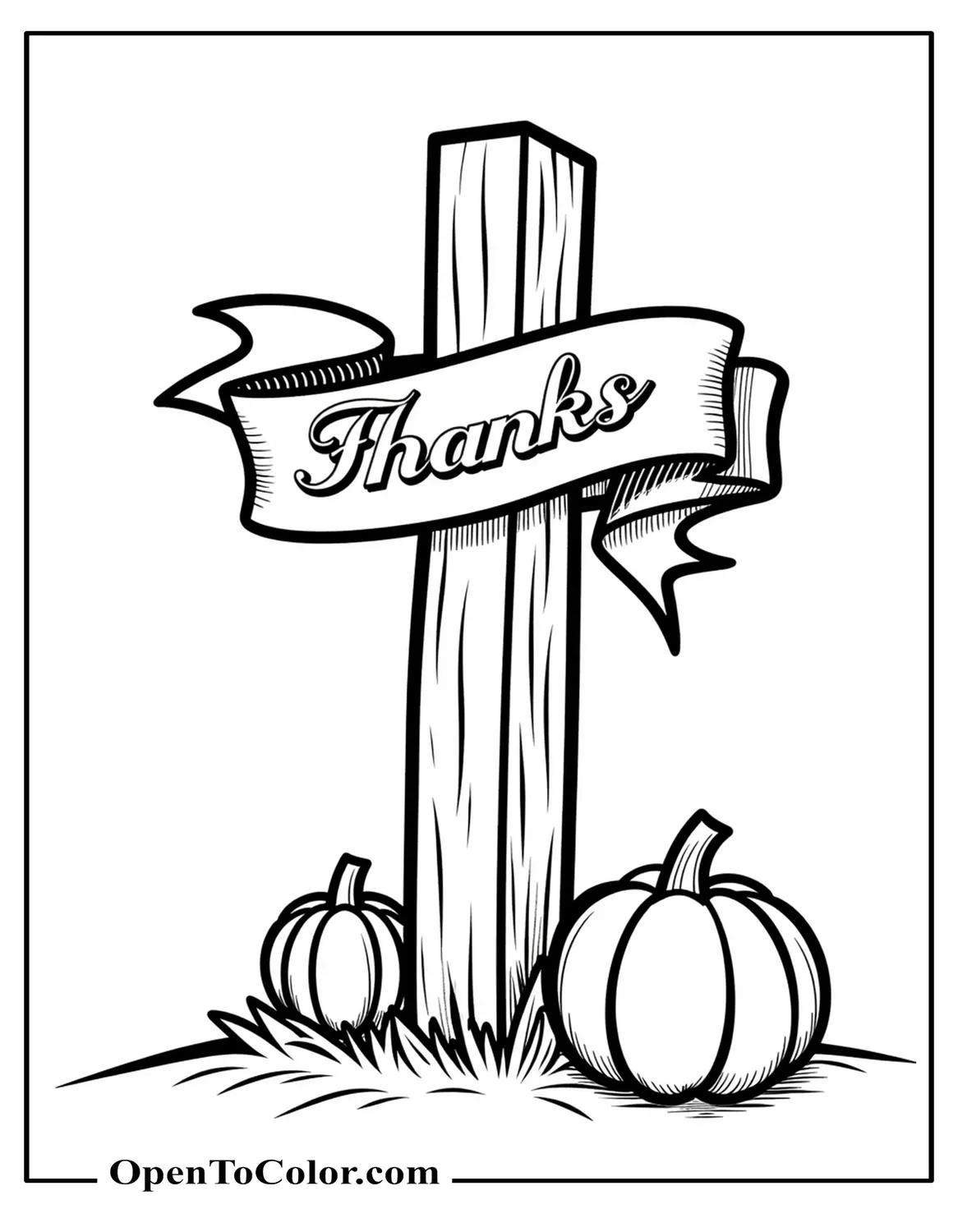 Cross with Thanks Ribbon and a Small Pumpkin at Base Coloring Sheet Printable