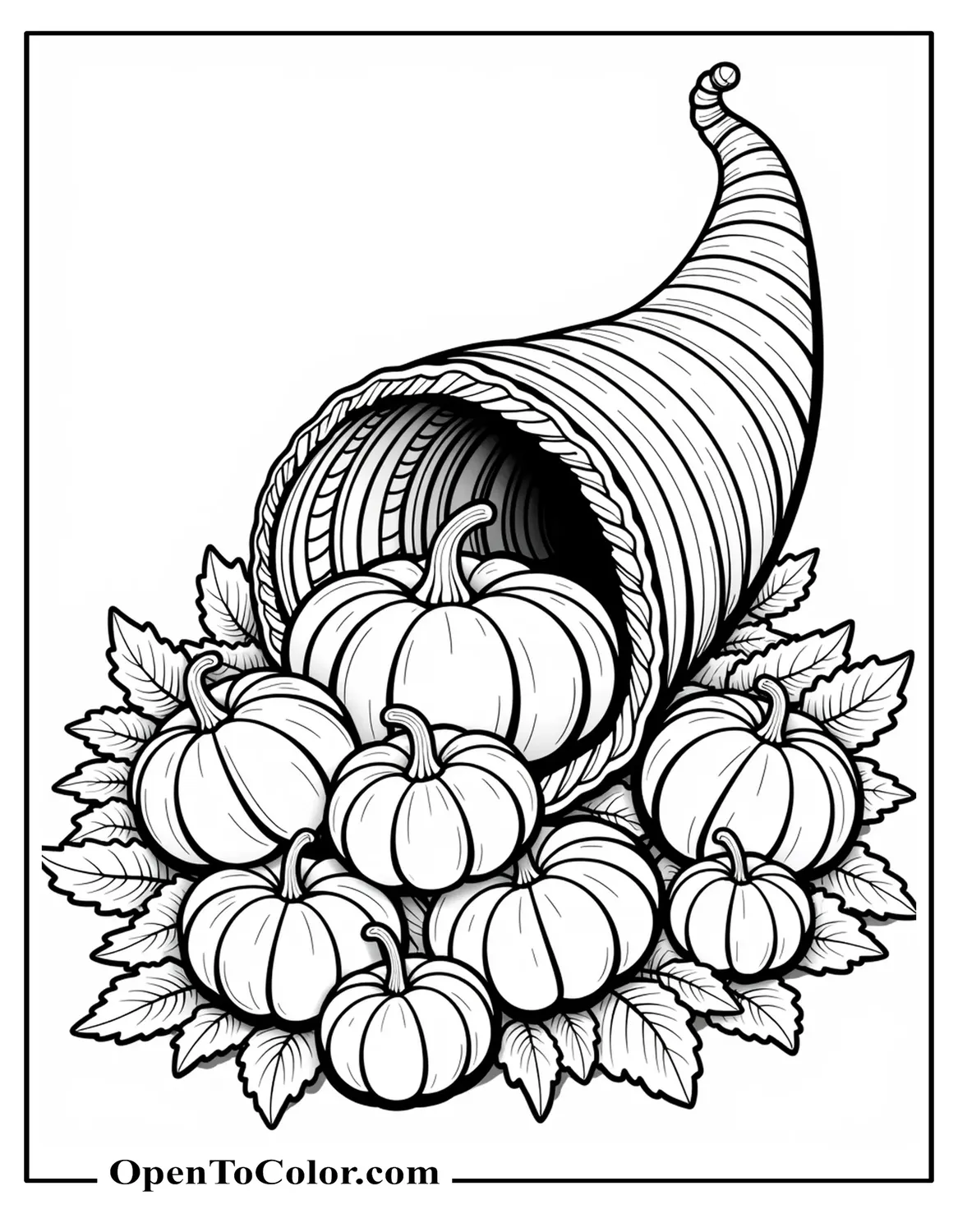Intricate Harvest Cornucopia With Gourds And Leaves Coloring Sheet Printable For Adults