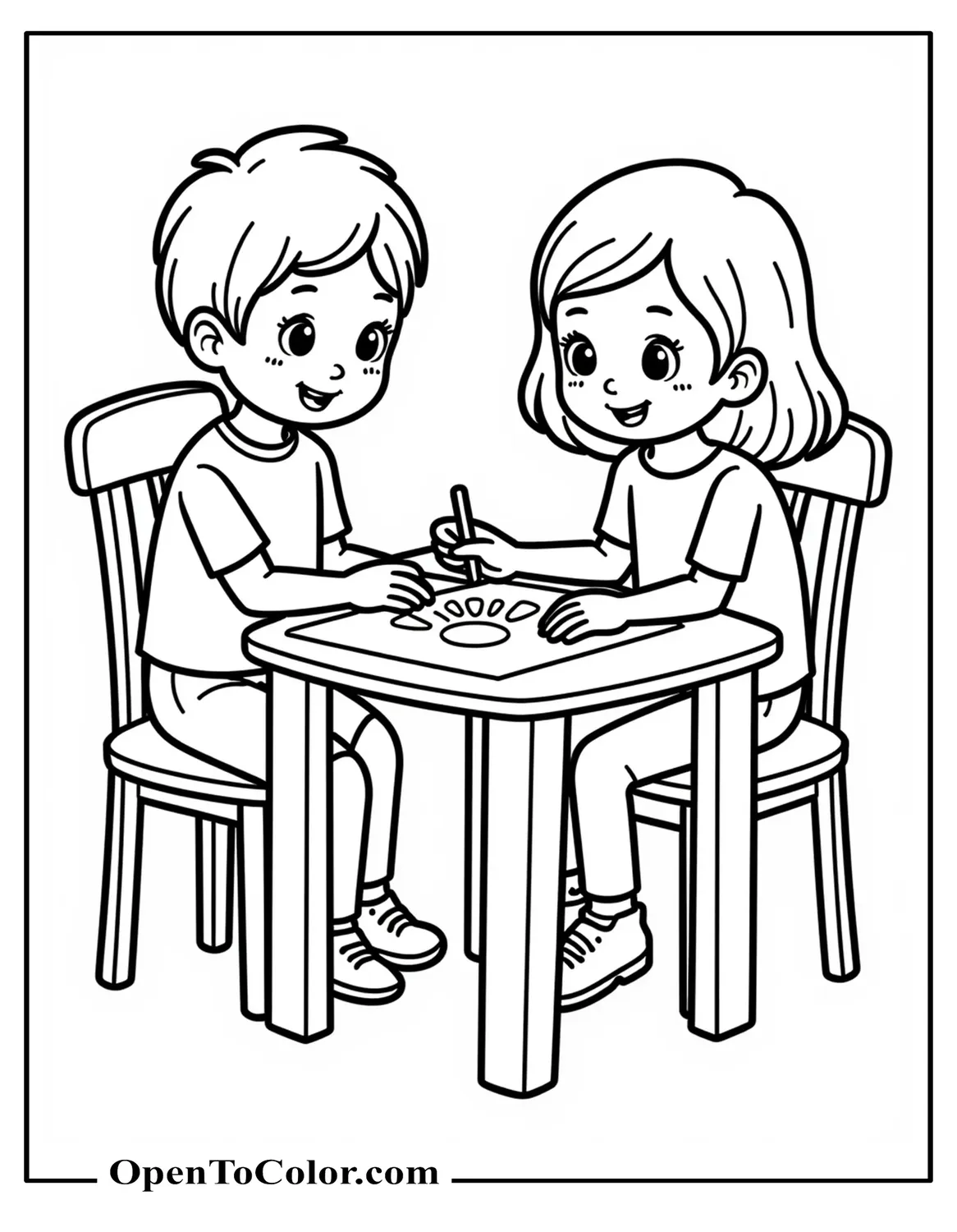 Two Smiling Kids At A Small Table Drawing A Turkey Handprint Coloring Sheet PDF