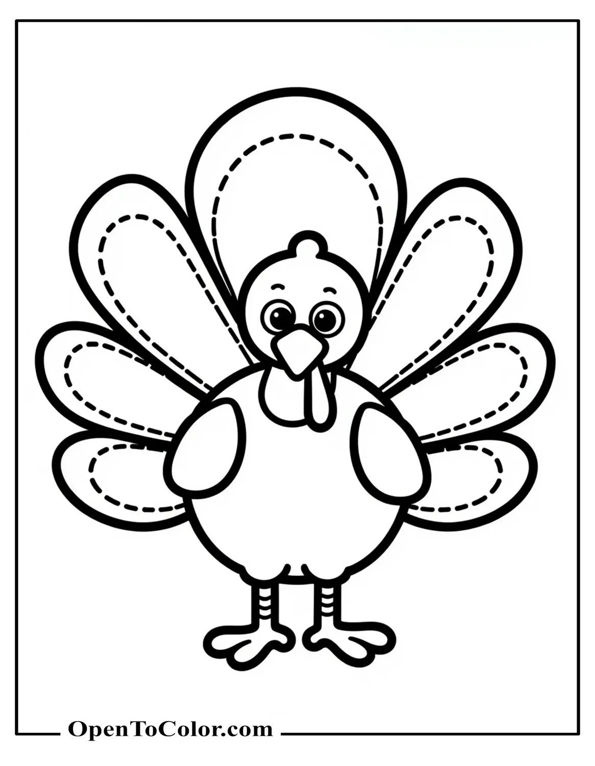 Free Kindergarten Turkey Coloring Page With Large Feathers And Dotted Cut Lines