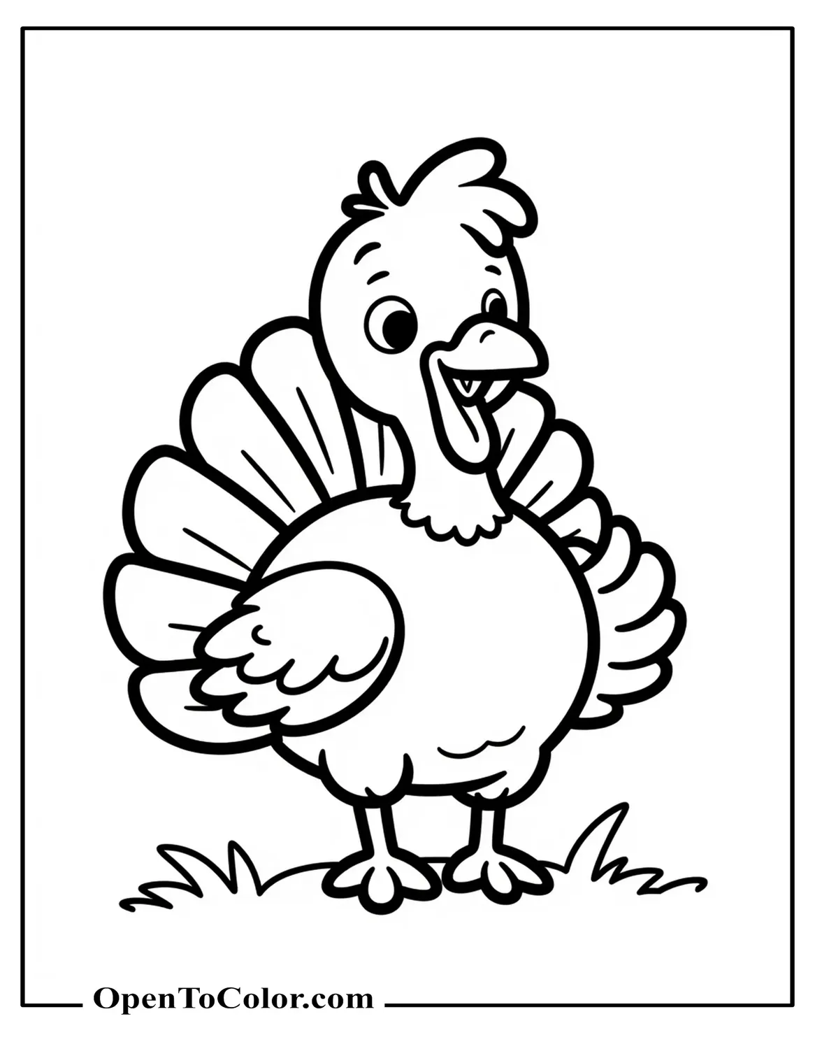 Free Toddler Turkey Coloring Page with Oversized Head and Simple Feathers Standing on Grass