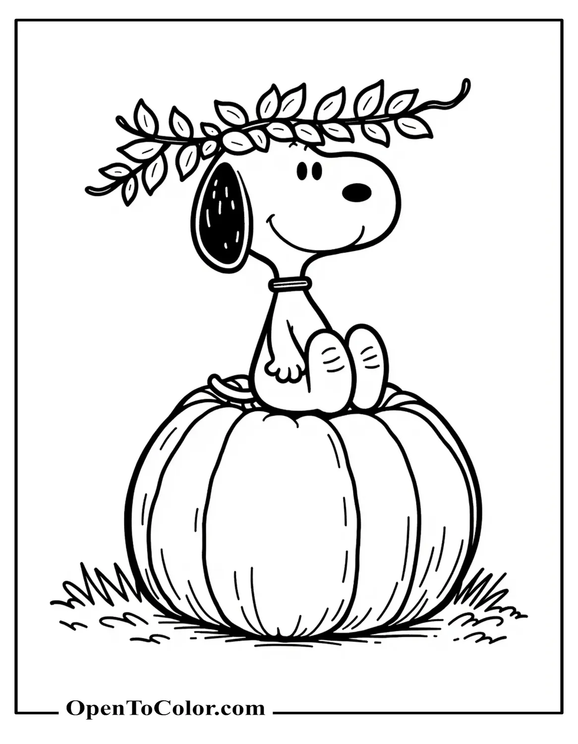 Snoopy sitting on a pumpkin with a leaf garland overhead, coloring sheet PDF.