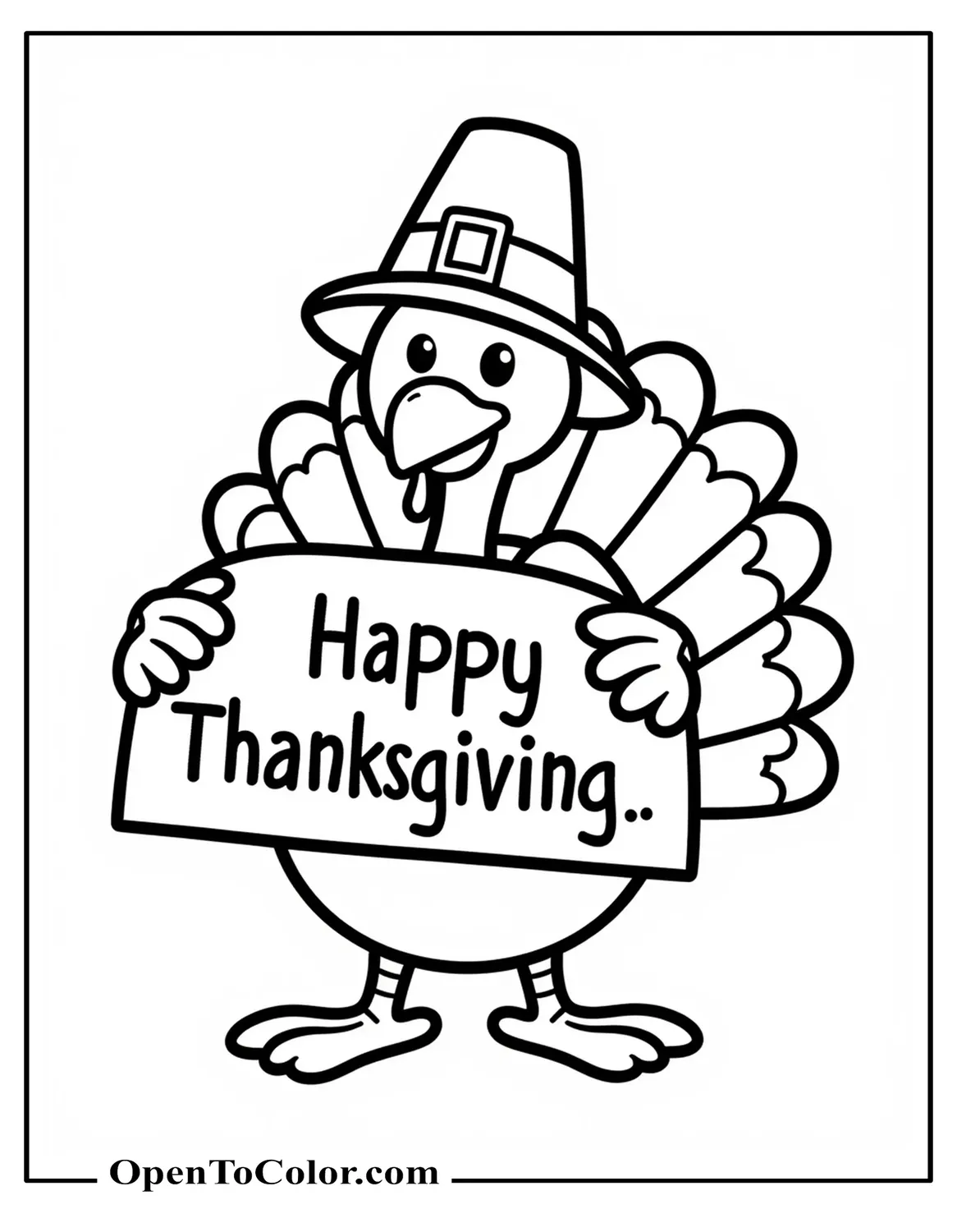 Turkey wearing a pilgrim hat holding a sign that says Happy Thanksgiving, coloring page PDF.