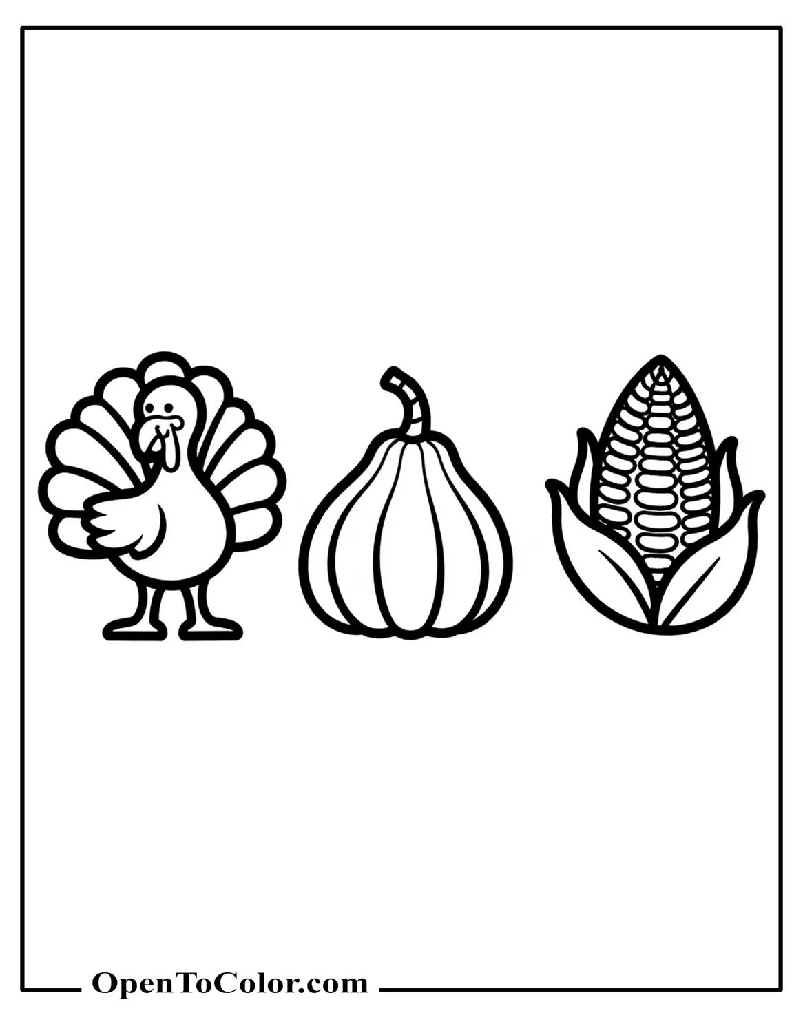 Three small Thanksgiving icons on one coloring sheet page PDF turkey pumpkin corn