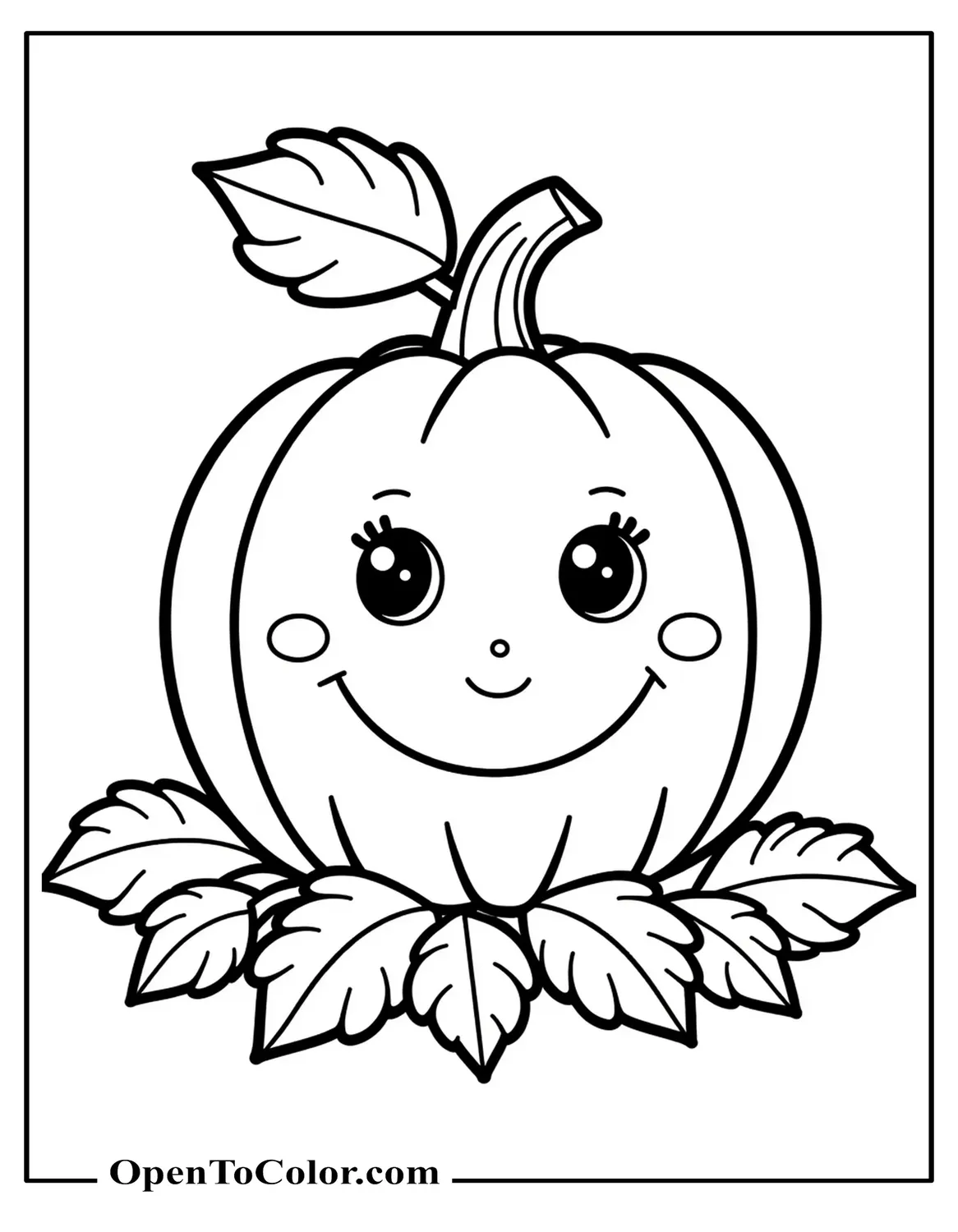 Coloring Sheet PDF With A Toddler Page Featuring A Big Smiling Pumpkin And Giant Leaves