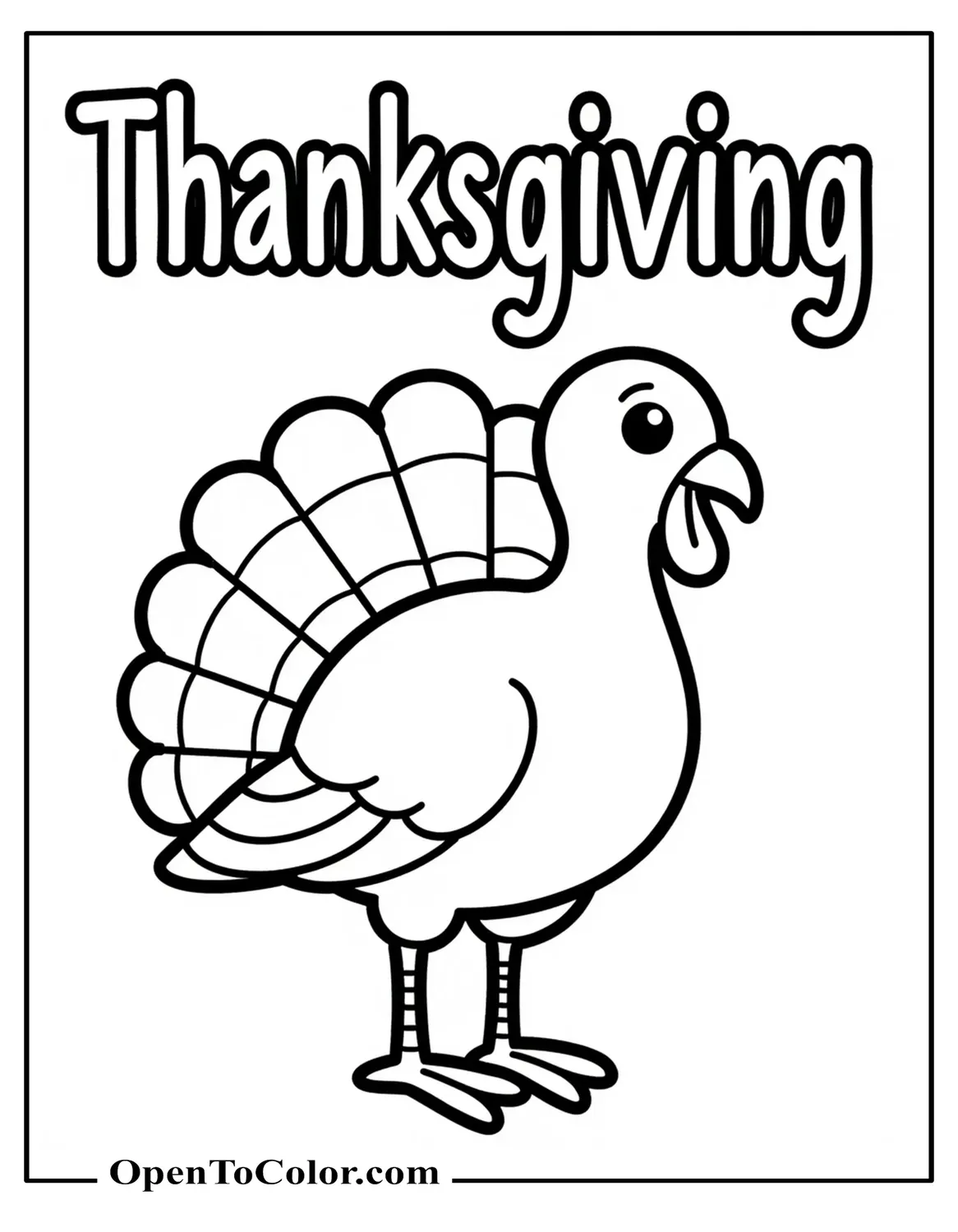 Large title Thanksgiving at top with a simple turkey below, coloring page, printable