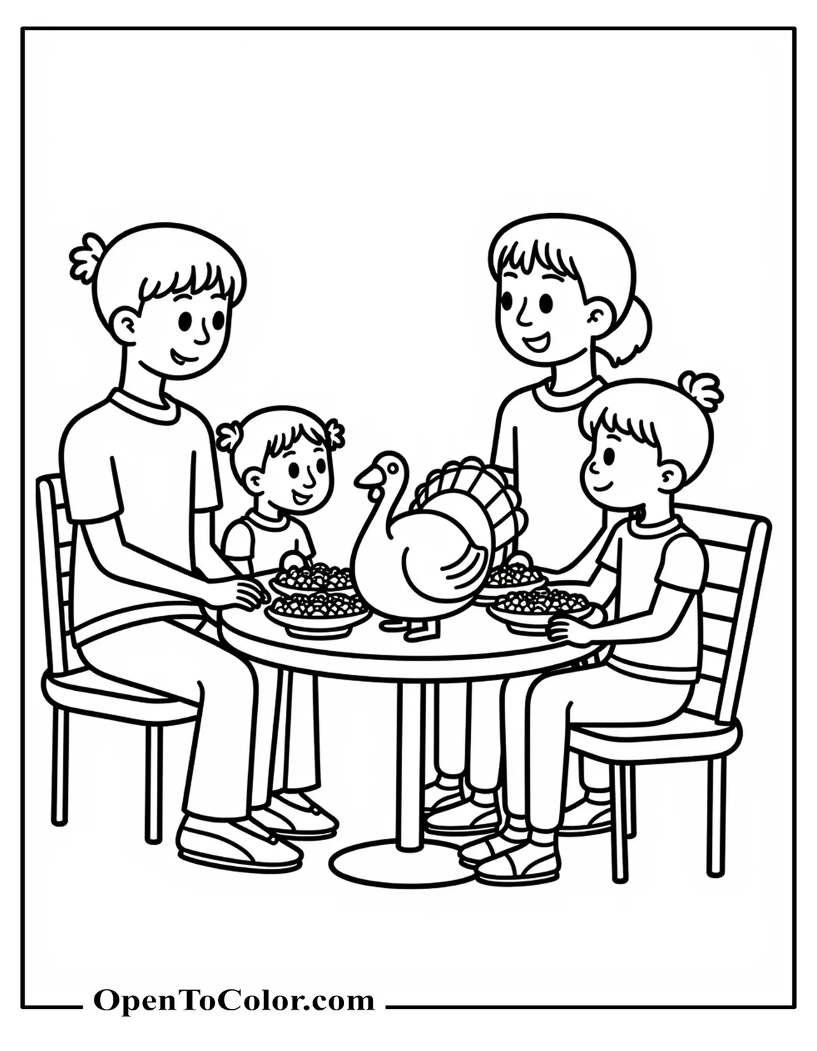Family at a small round table with a turkey centerpiece side view coloring page PDF