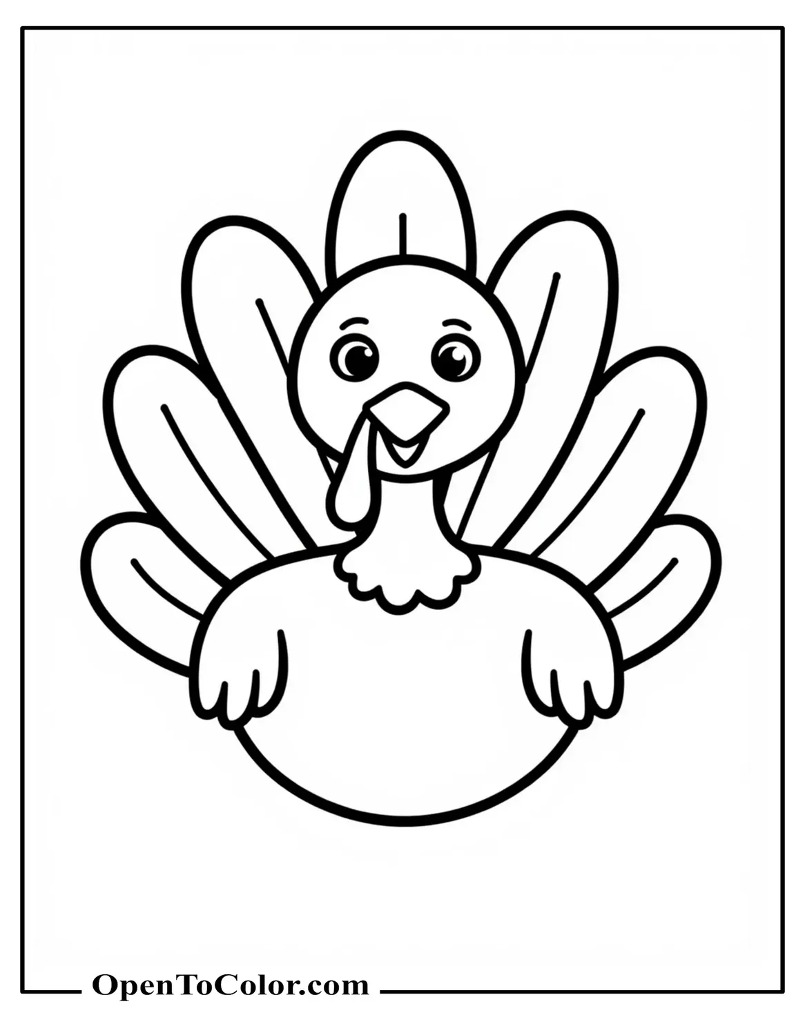 Very easy smiling turkey head with simple feather shapes coloring page PDF.