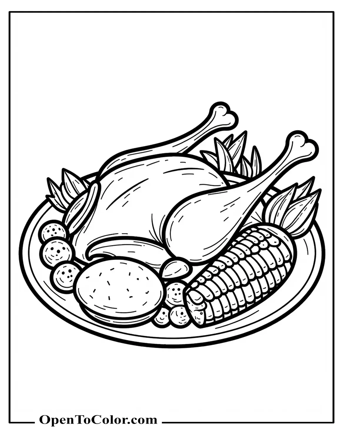 Big plate with turkey drumsticks, corn on the cob, and a roll coloring sheet printable.